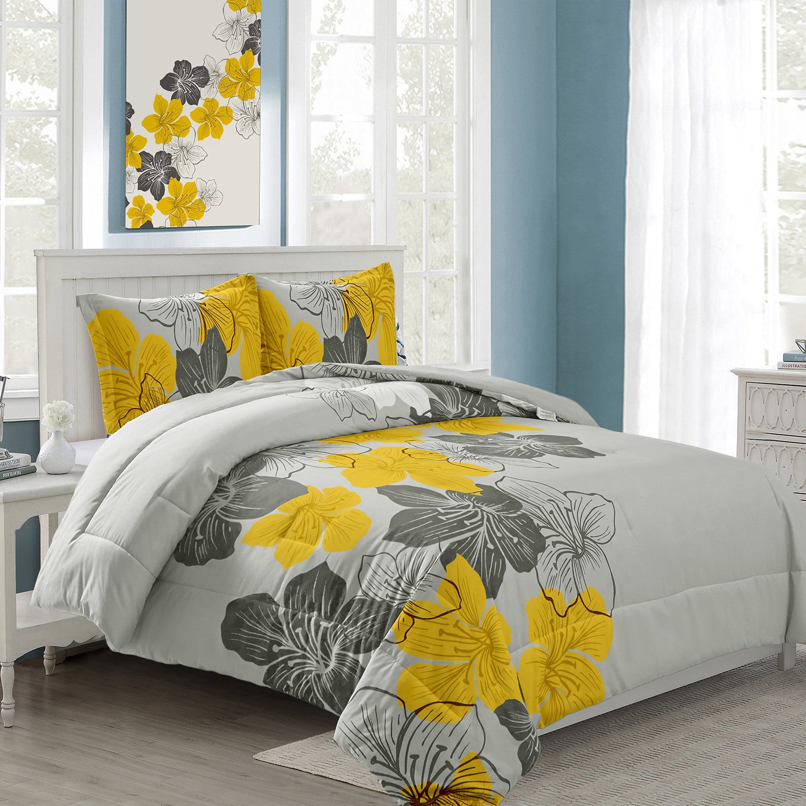 King Size Floral Comforter Set - 3 Piece Yellow Flower Bedding with Lightweight Microfiber - Perfect for Master Bedroom, Guest Room & Cozy Home Decor