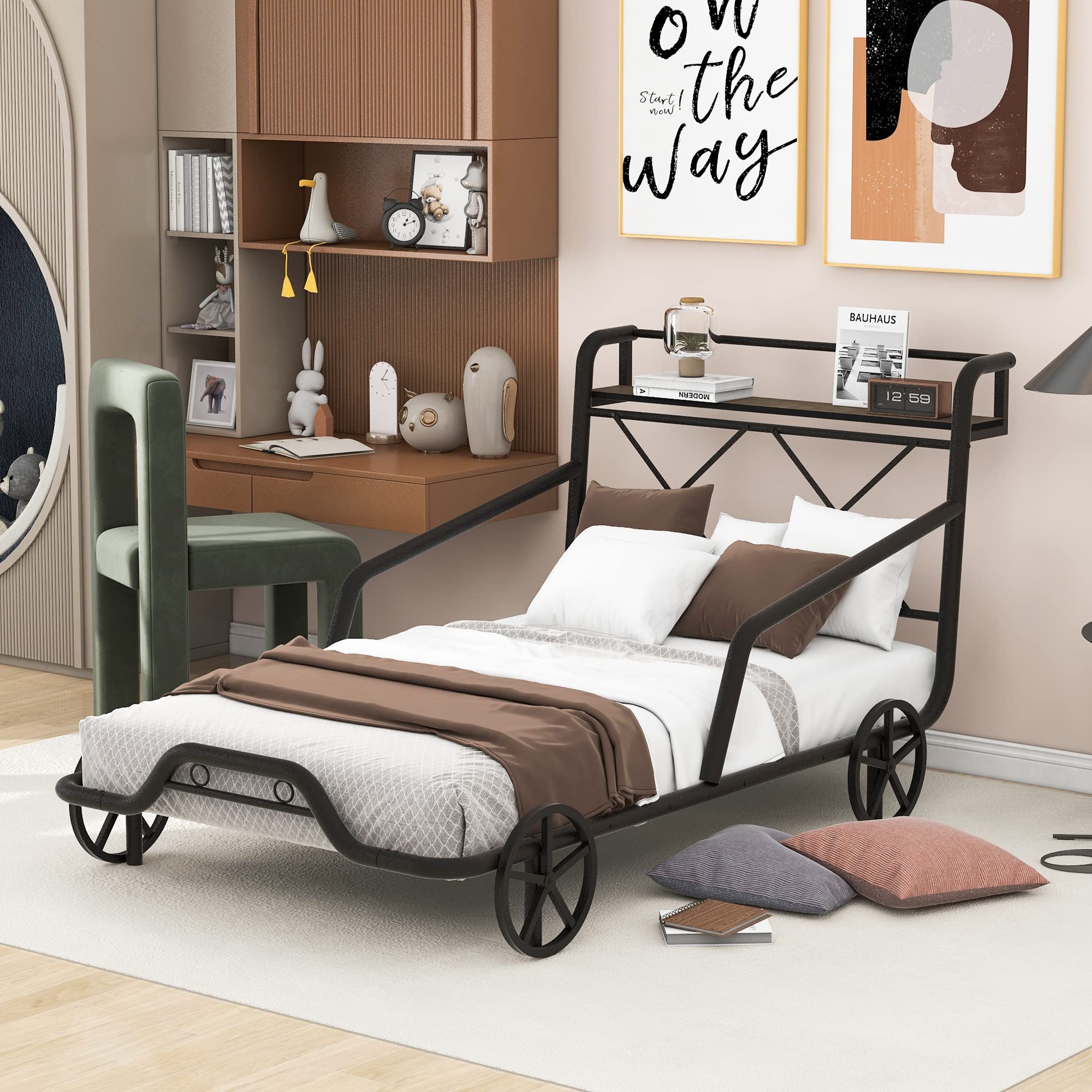 Furnicare Metal Twin Size Car Bed with Wheels - Twin Platform Bed with Guardrails & X-Shaped Frame Shelf - Fun Kids Bed Frame for Boys & Girls - Black - Perfect for Kids' Bedrooms, Playrooms & Themed Decor