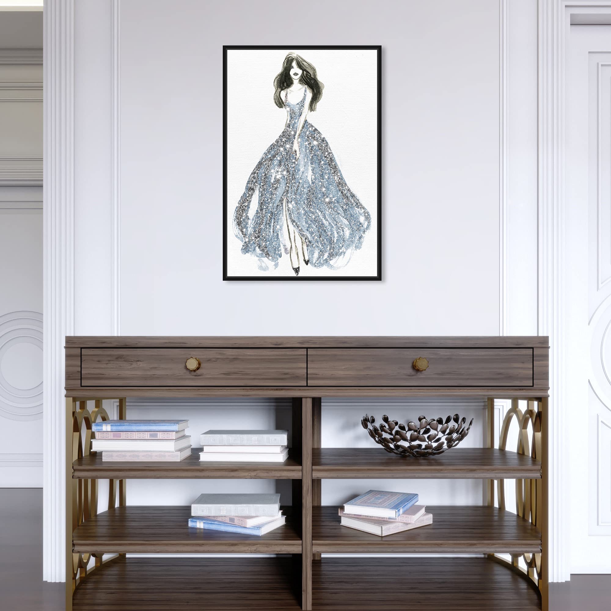 Oliver Gal Artist Co. Fashion & Glam Wall Art Canvas Print - Elegant Blue Dress Spring Home Decor - 16x24 Inches with Black Frame - Perfect for Living Room, Bedroom & Office Decoration