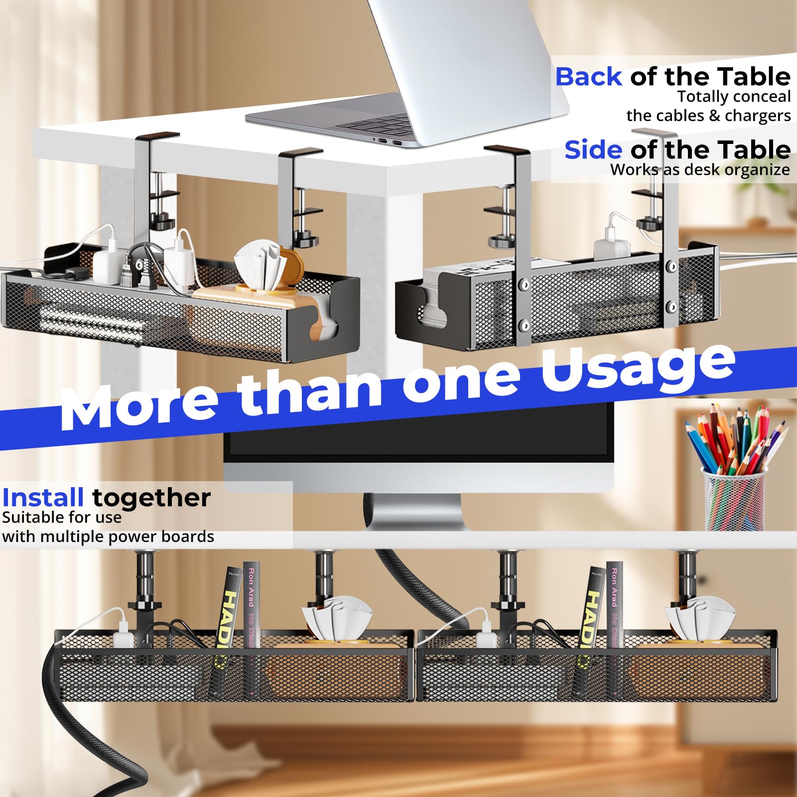 2 Pack Black Under Desk Cable Management Tray - 15.7