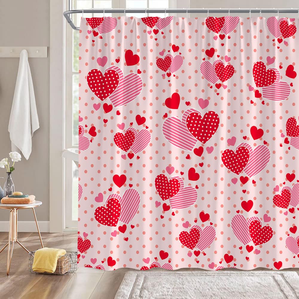 Valentine's Day Shower Curtain - Red Pink Heart Love Couple Sweet Polka Dot Striped Romantic Bathroom Decor with Hooks | Perfect for Couples' Bathroom, Anniversary Gift & Valentine's Decor