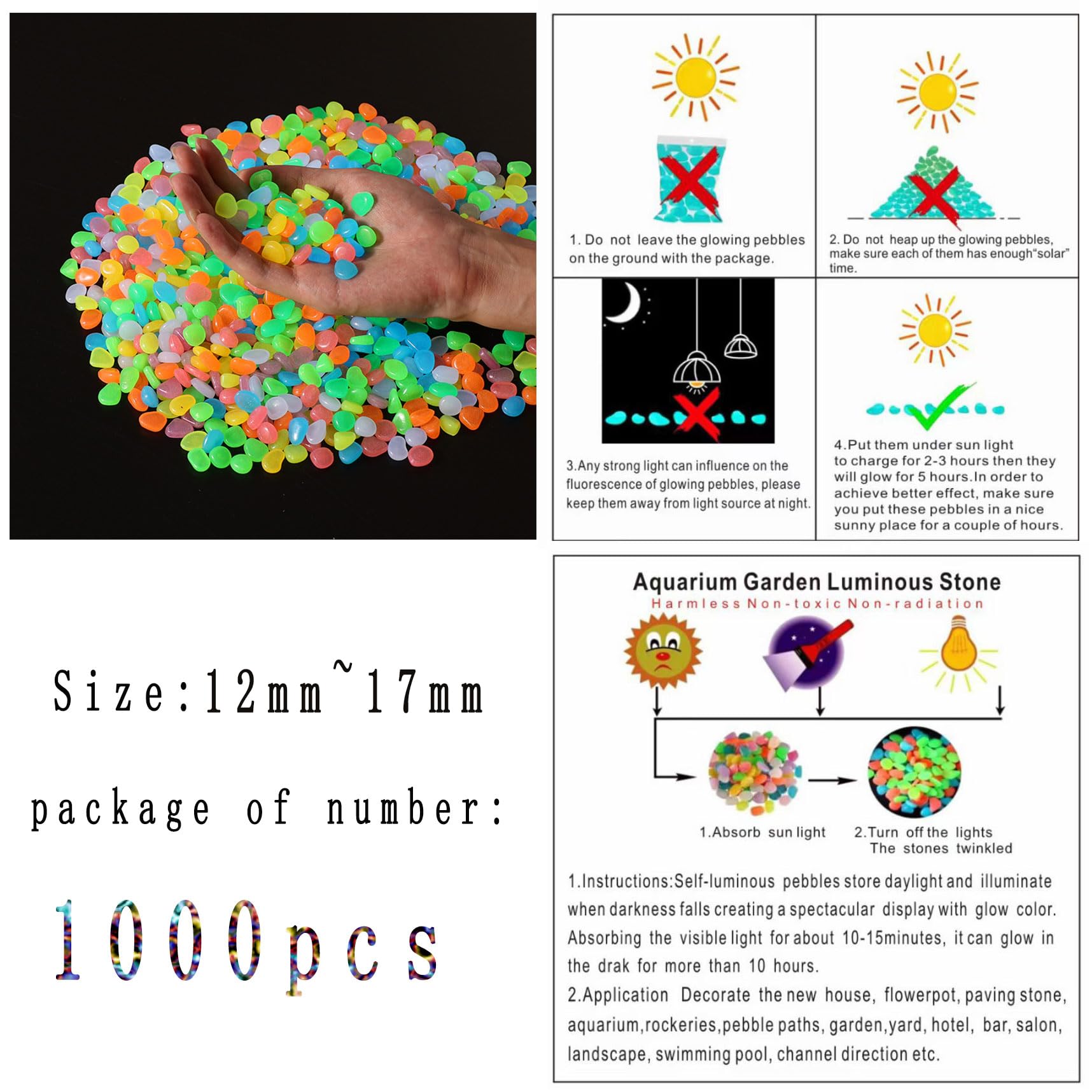 1000Pcs Glow in The Dark Stones - Rainbow Pebbles for Aquarium, Fish Tank, Garden, Lawn & Walkway Decoration | DIY Plant Pots, Outdoor & Indoor Use