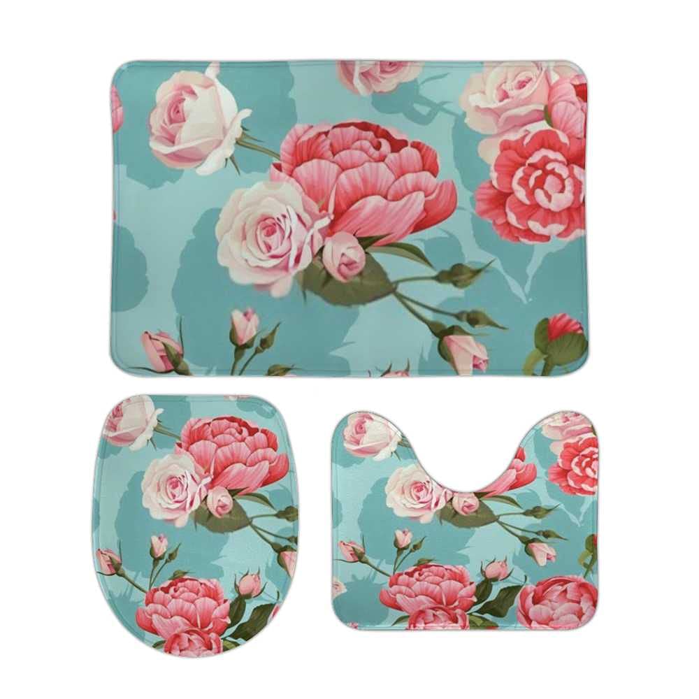 Hapuxt 3-Piece Bath Rug Set - Non-Slip Absorbent Bath Mats with Peony Rose Design, Toilet Lid Cover & U-Shaped Contour Rug - Machine Washable for Bathroom Safety & Comfort