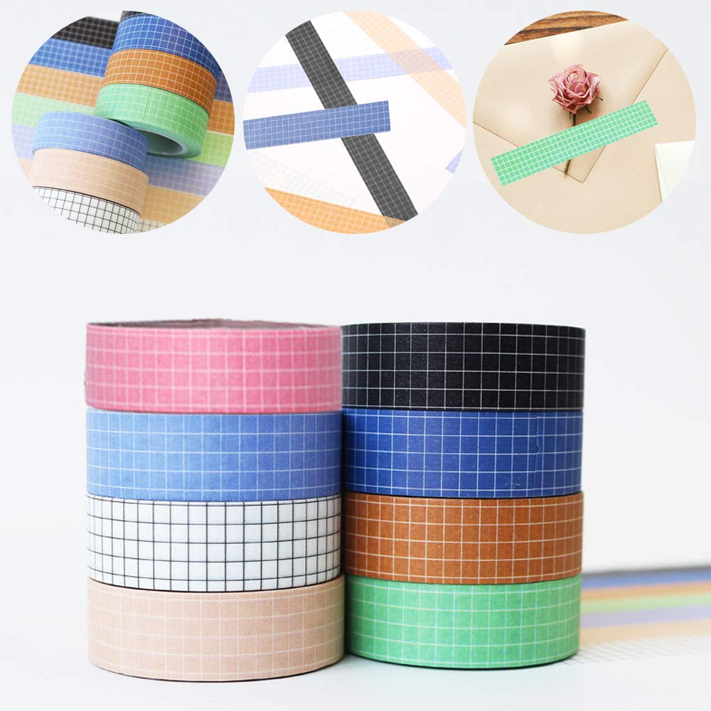 Maxin Washi Tape Set - 8 Rolls Grid Decorative Writable Paper Tape for Scrapbooking, DIY Crafts, Journaling & Home Decor | Checkered Masking Tape for Bullet Journals, Gift Wrapping & Office Organization