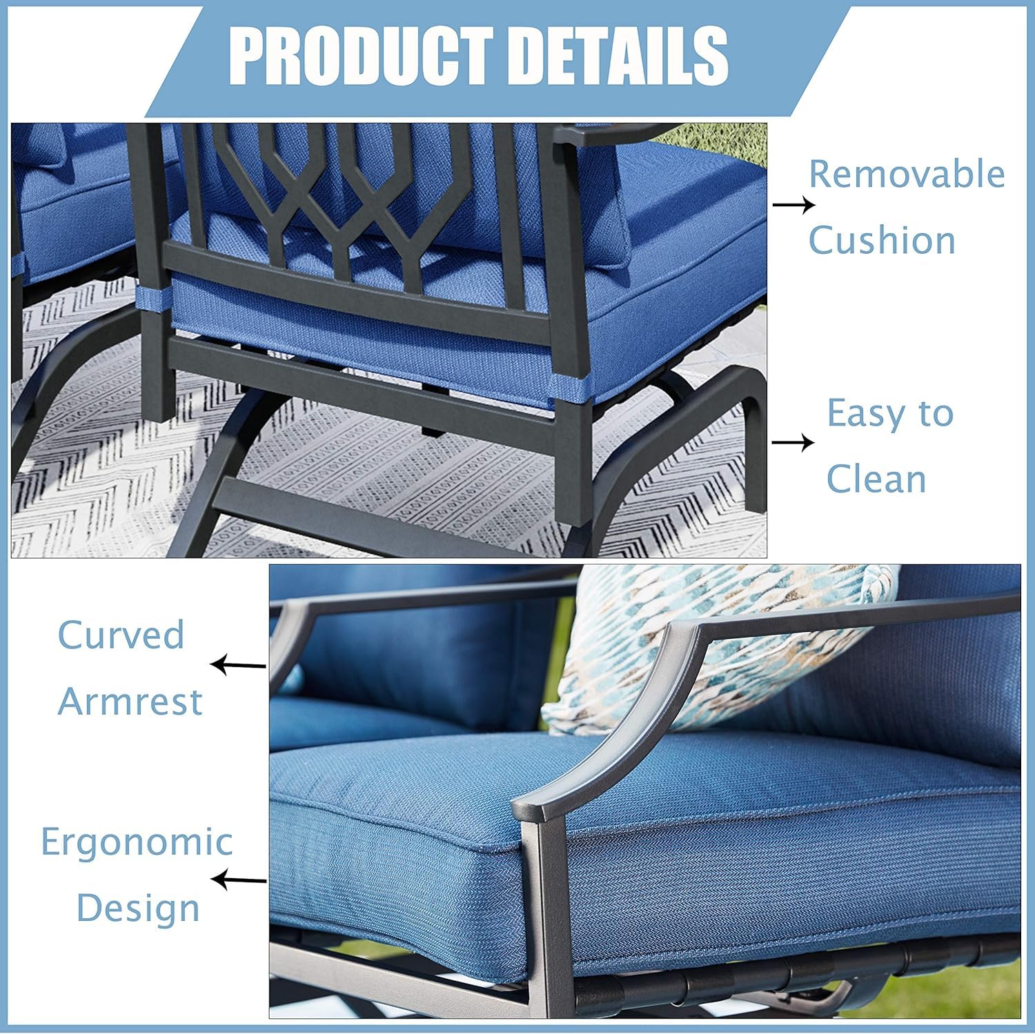 LOKATSE HOME 2-Piece Outdoor Metal Patio Chairs Set with Cushions - Blue Bistro Dining Armchairs for Garden, Balcony, and Backyard Conversation Seating