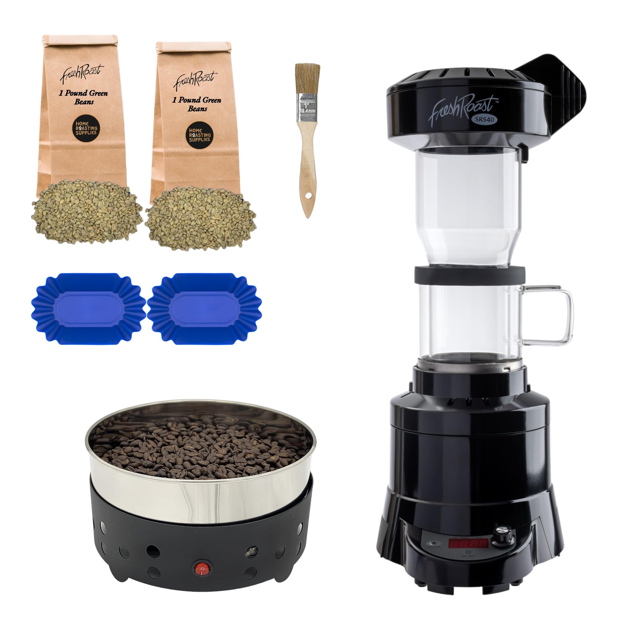 Premium SR540 Fresh Roast Coffee Roaster Bundle with Glass Extension Tube & Bean Cooler - Includes 2 Lbs Green Coffee Beans & (2-Pack) Sample Trays - Perfect for Home Roasting & Coffee Enthusiasts