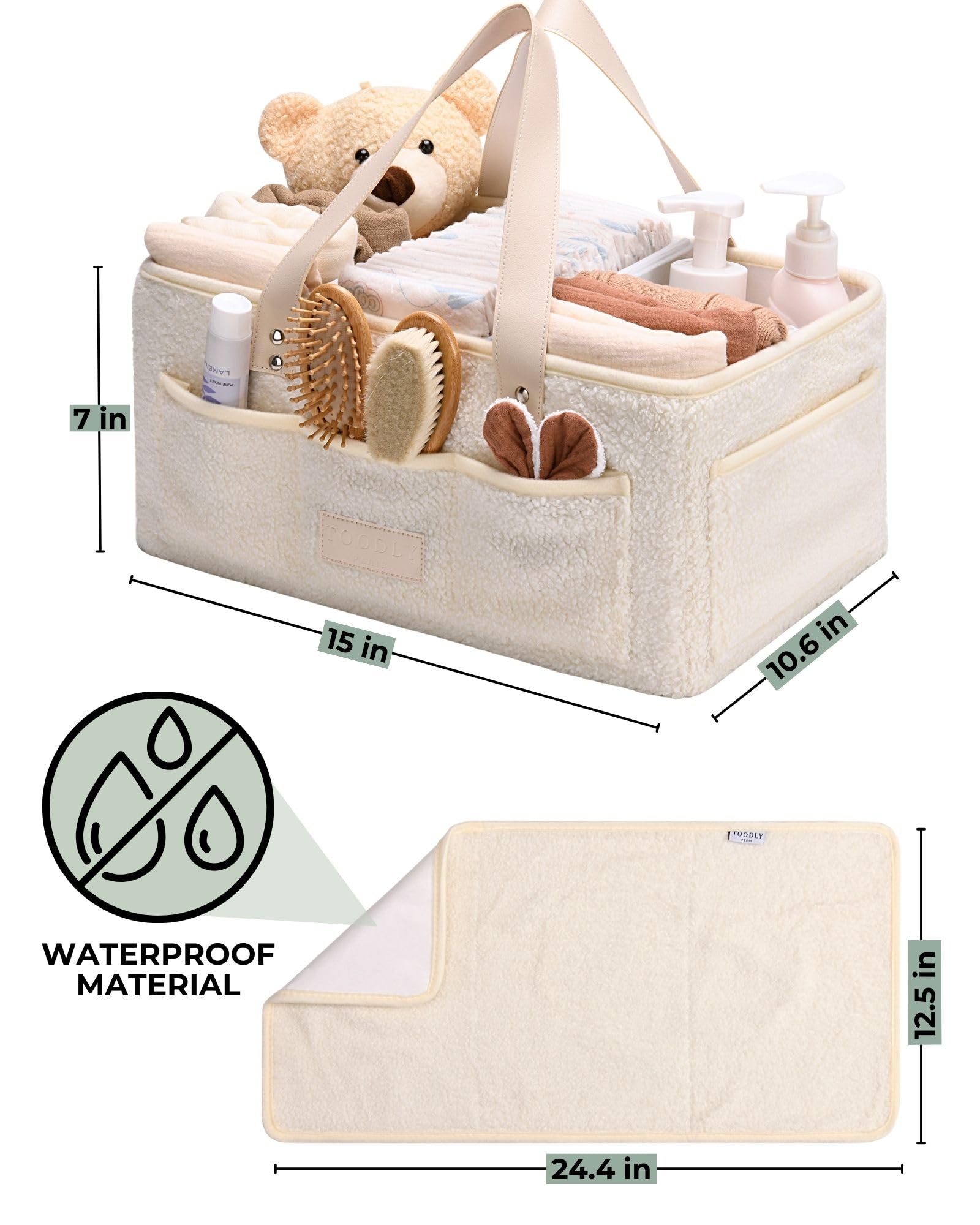 Portable Baby Diaper Caddy Organizer with Soft Teddy Fleece Changing Mat - Nursery Storage Basket for Diapers, Wipes & Essentials - Removable Dividers for Easy Organization - Perfect for Nursery, Bedroom or On-the-Go Diaper Changes