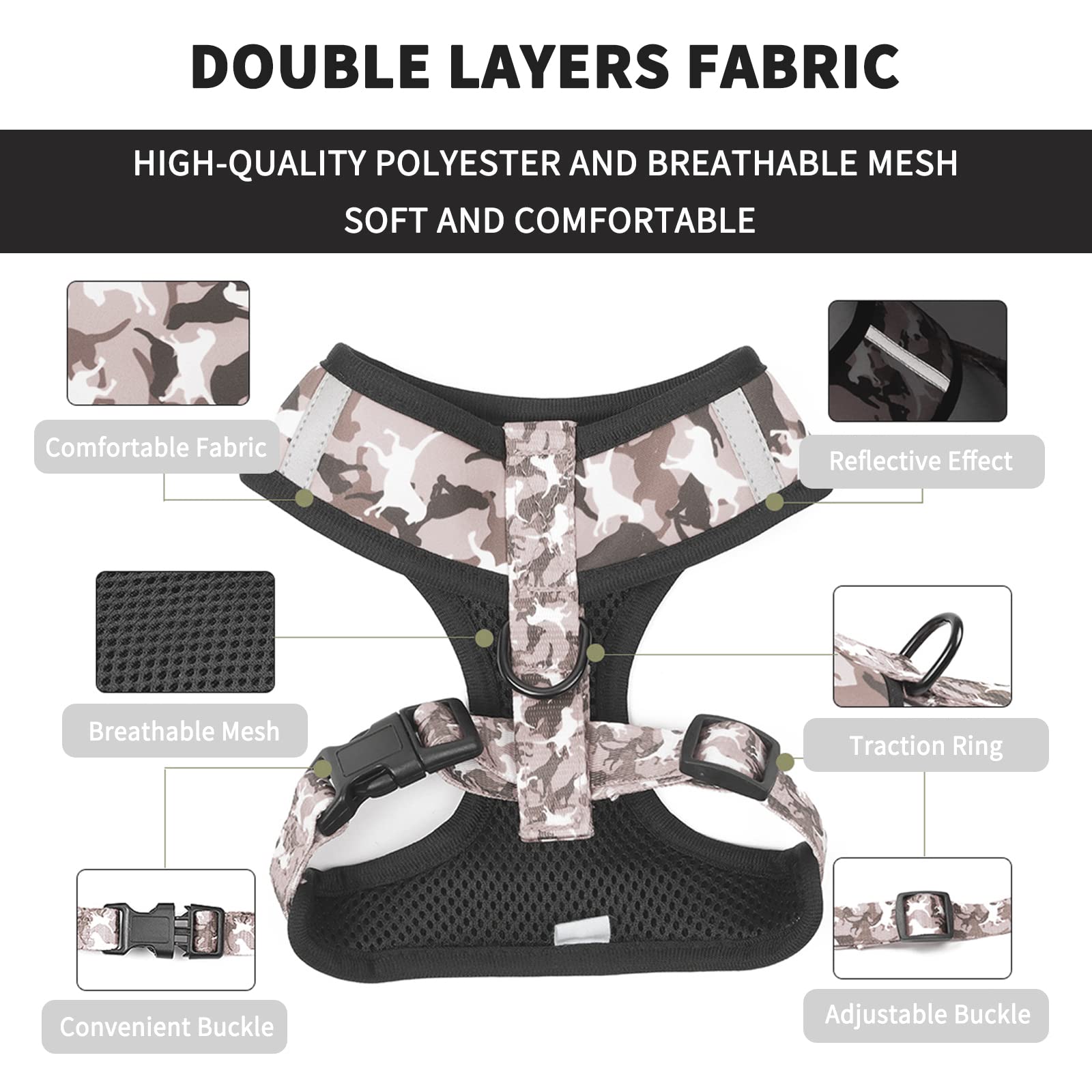 Adjustable Reflective No-Pull Dog Harness & Leash Set for Small Dogs & Puppies - Includes Bow-Tie Collar, Poop Bags (Size S, Grey Camouflage) | Perfect for Night Walks, Training & Outdoor Adventures