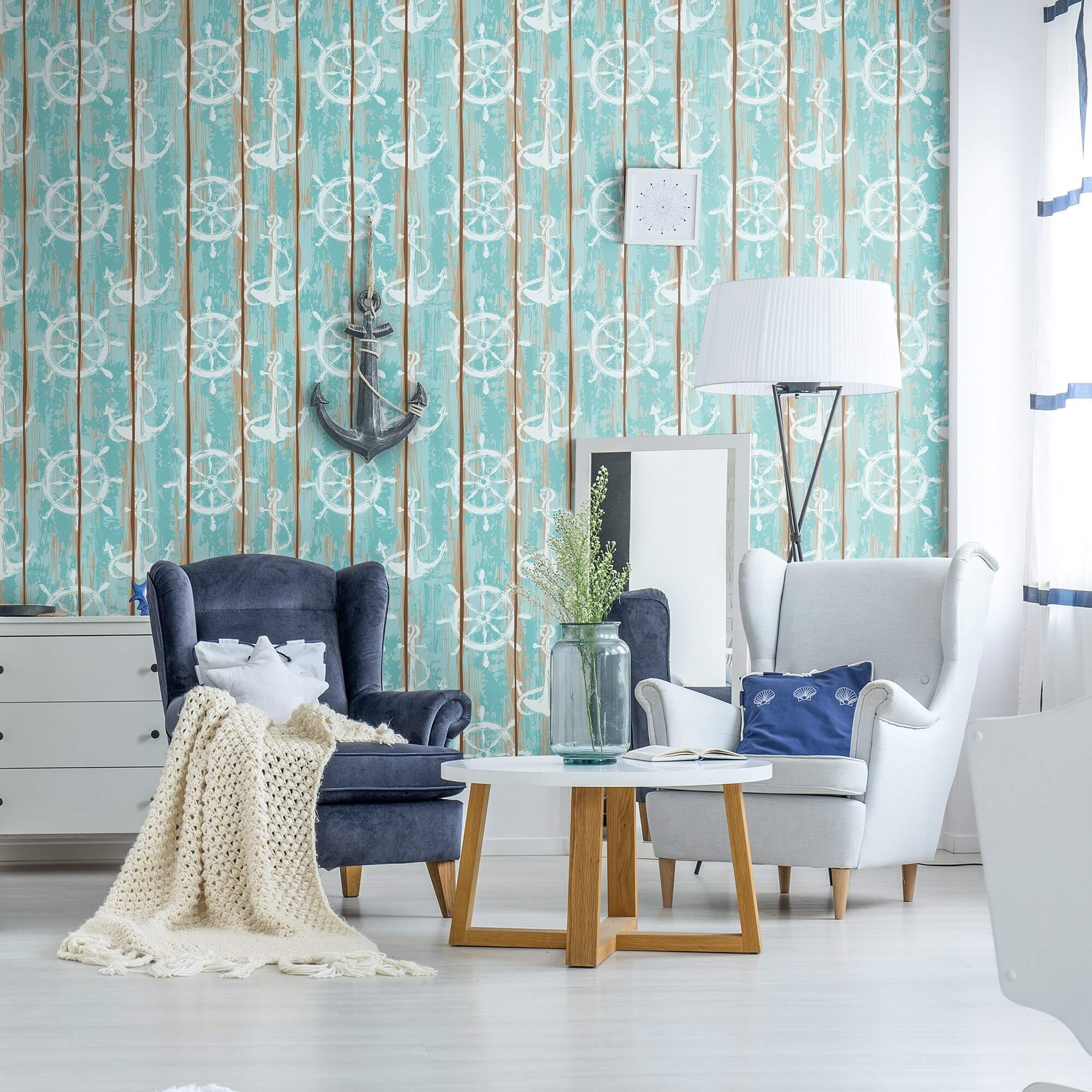 Brown and Teal Faux Nautical Peel and Stick Removable Wallpaper 8829 - Self-Adhesive Decorative Wall Covering for Bedroom, Bathroom, Nursery & Home Office