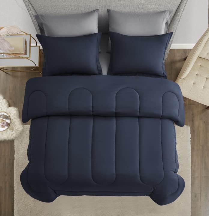 Maple & Stone 7-Piece Queen Size Comforter Set - Down Alternative Bedding Set with Soft Reversible Duvet Insert, Sheets & Pillowcases (Navy & Dark Grey) - Perfect for Master Bedrooms, Guest Rooms & Cozy Home Decor