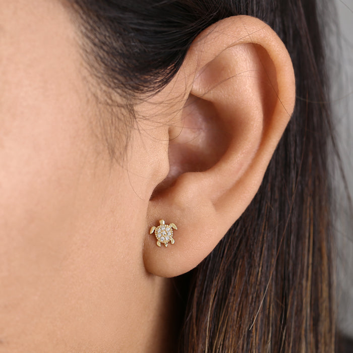 14K Yellow Gold Sea Turtle Cubic Zirconia Stud Earrings for Women - Perfect for Beach Vacations, Summer Parties & Gifts