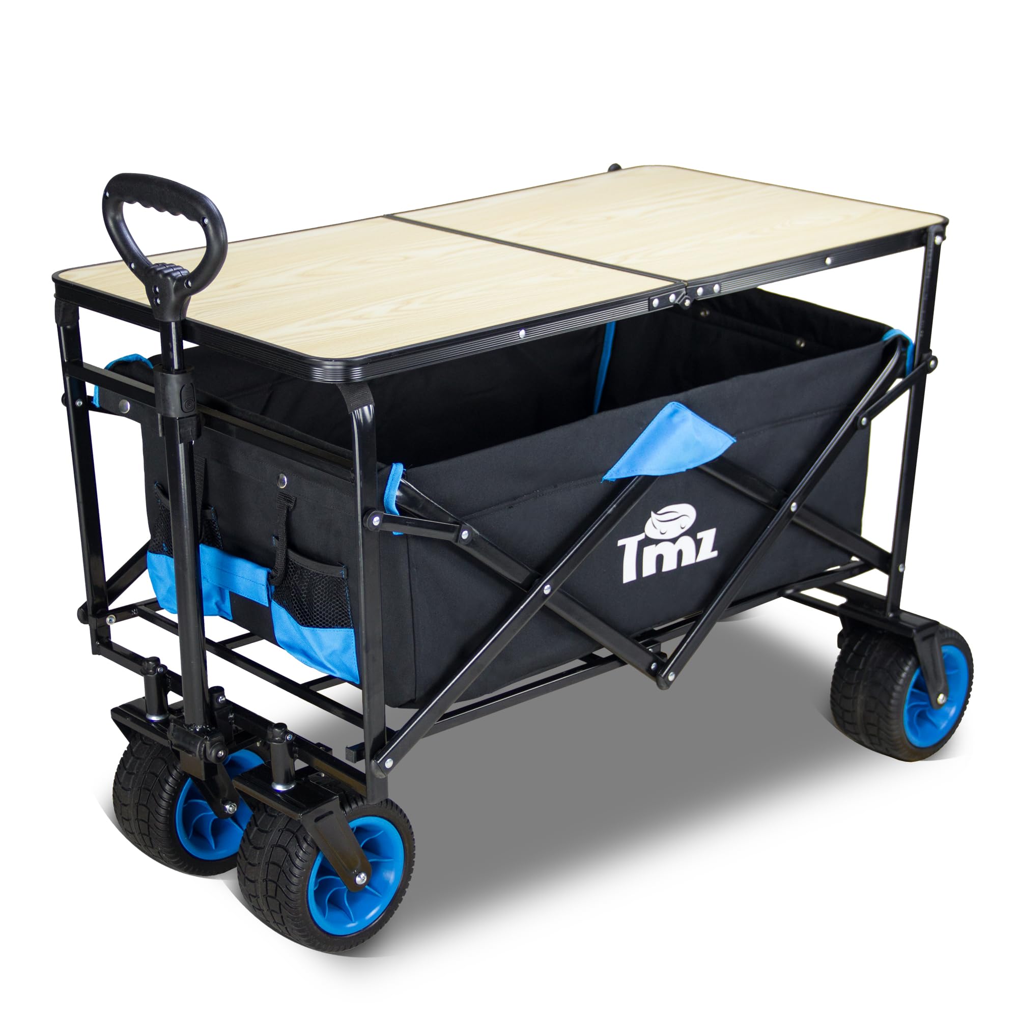 TMZ Heavy Duty All Terrain Utility Folding Wagon Cart with Removable Table - Collapsible Beach, Camping & Garden Wagon for Outdoor Activities, Shopping, Picnics & Tailgating (Blue)