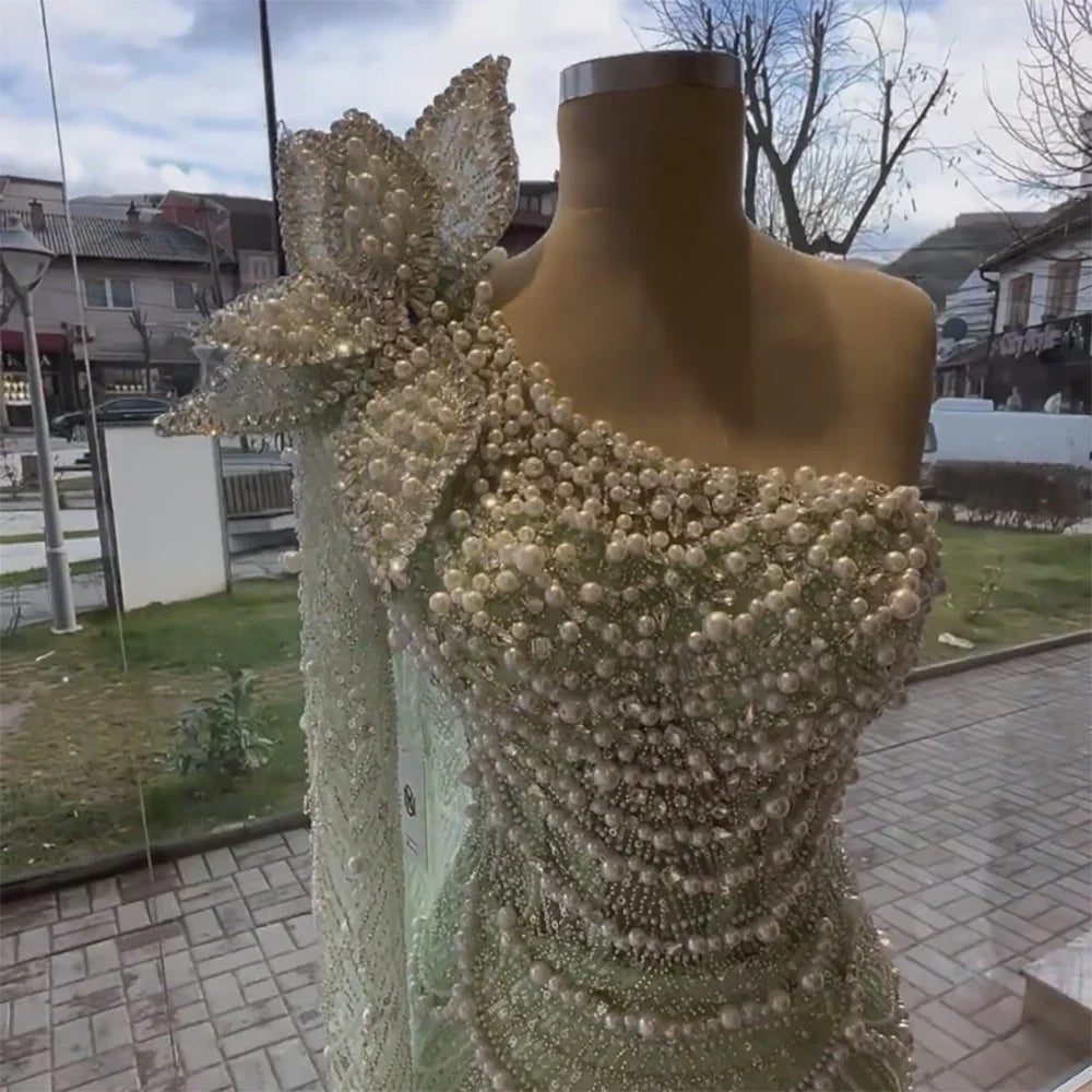 Elegant Sage Green Mermaid One-Shoulder Pearl Embellished Evening Gown for Women - Dubai Arabic Wedding Party Dress LA72511 | Perfect for Bridal Showers, Galas, and Formal Events