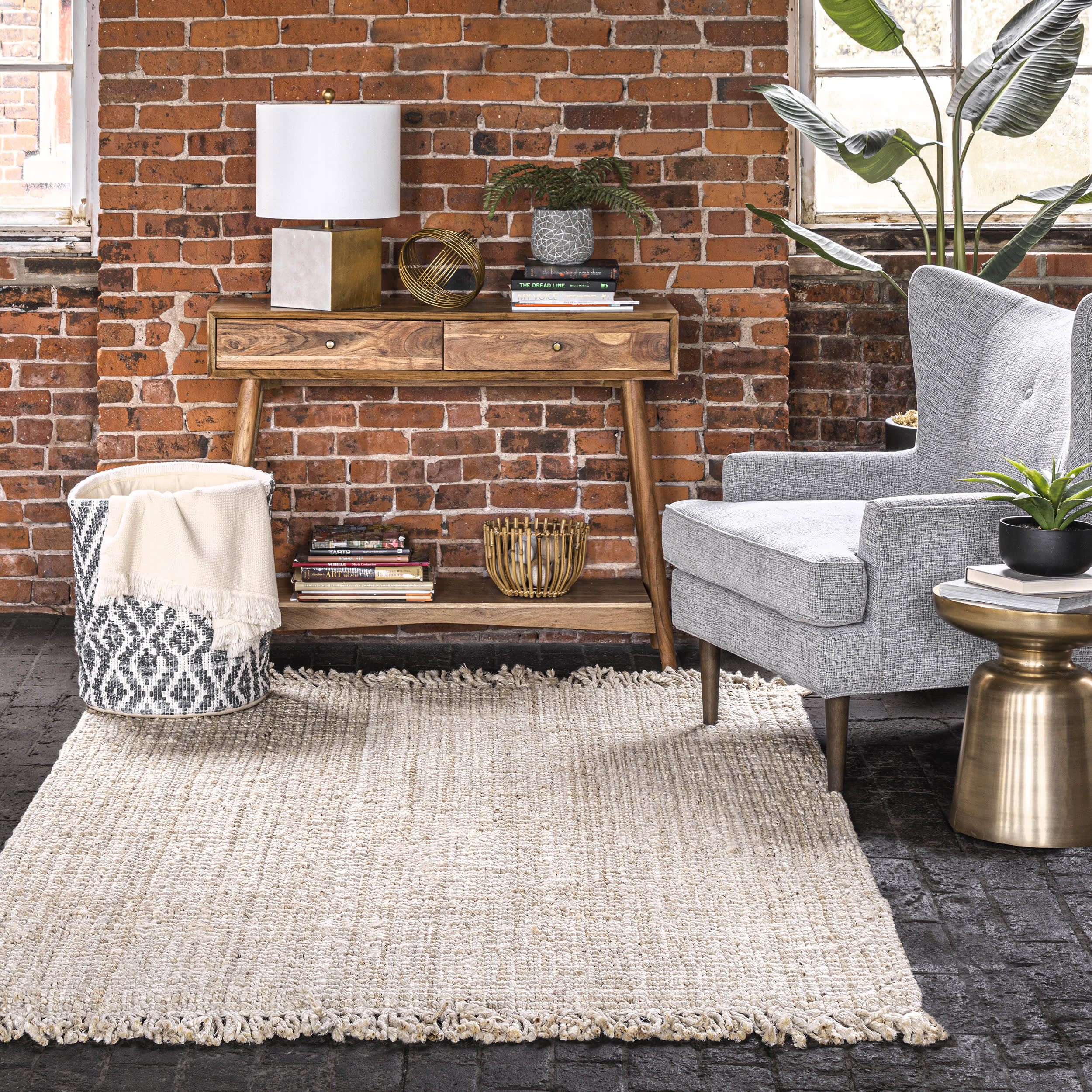 Chunky Jute Tasseled Rug - Natural Off White Bohemian Style Handwoven Area Rug for Living Room, Bedroom, Nursery & Home Decor