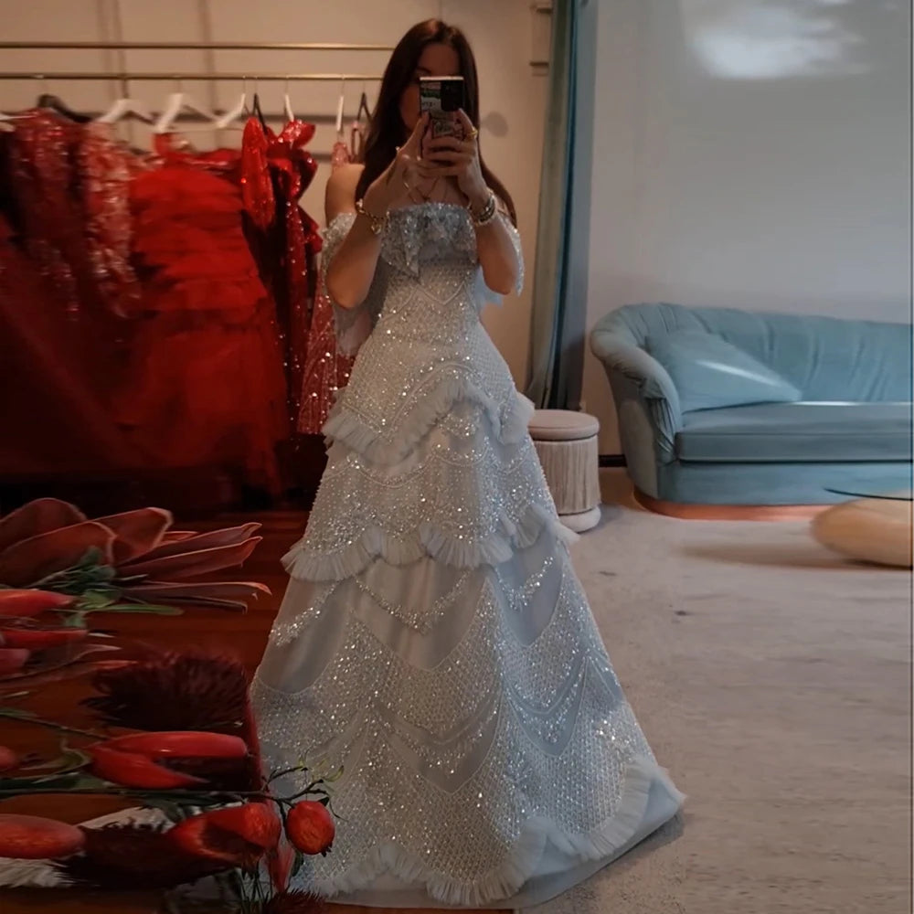 Luxury Dubai Arabic Gray A-Line Off-The-Shoulder Beaded Saudi Evening Gown LA72762 for Formal Events, Weddings & Red Carpet Occasions