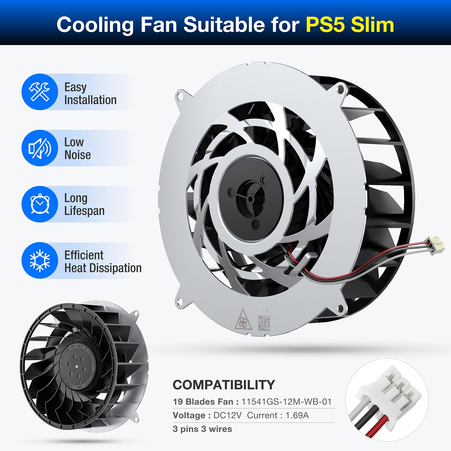 GRAUGEAR PS5 Slim Internal Cooling Fan Replacement - 19 Blades Upgrade Dust Cleaning Kit for PS5 Slim Console | Enhanced Cooling Performance for Gaming & Streaming | Perfect for Long Gaming Sessions & Hot Environments