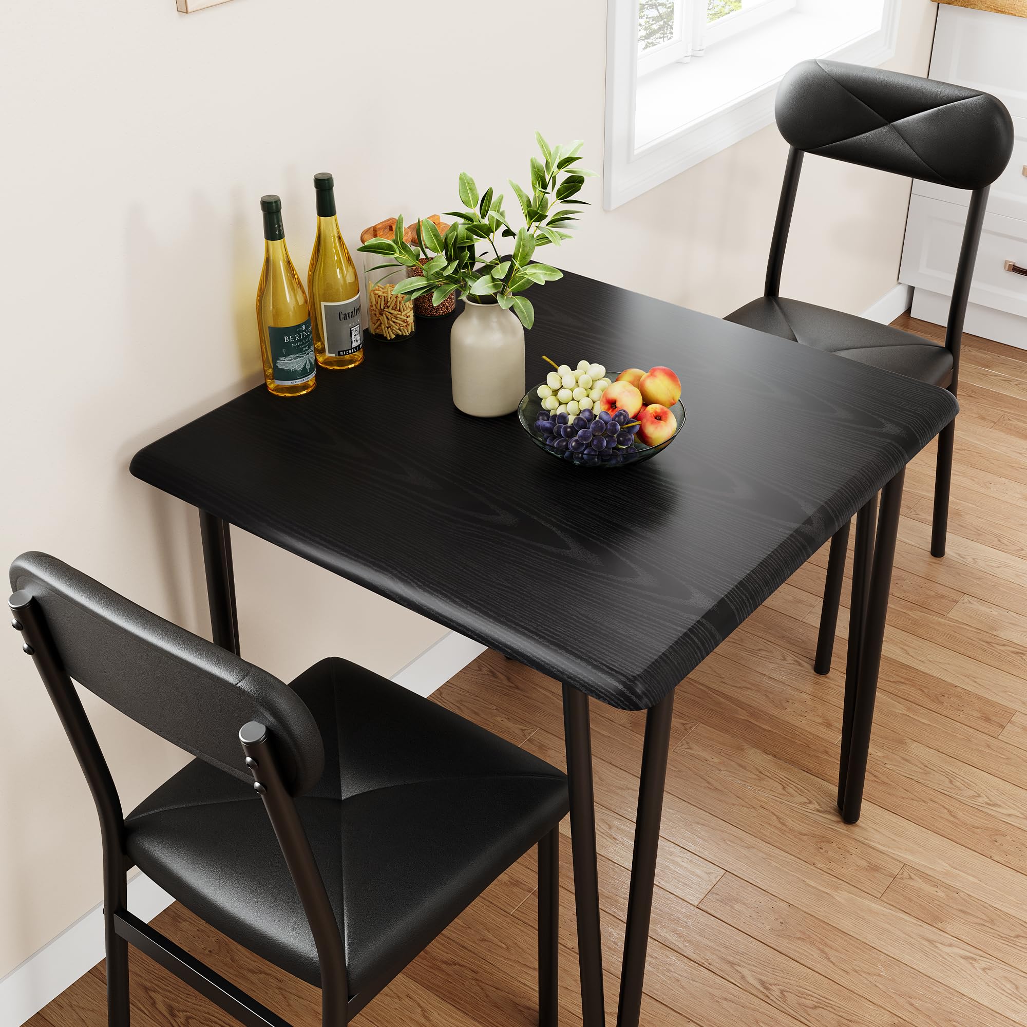 Modern Small Square Dining Table Set for 2 - Space Saving Wooden Kitchen Table with 2 Upholstered Chairs - Dark Finish Breakfast Nook Furniture for Small Apartments, Condos & Cozy Dining Spaces