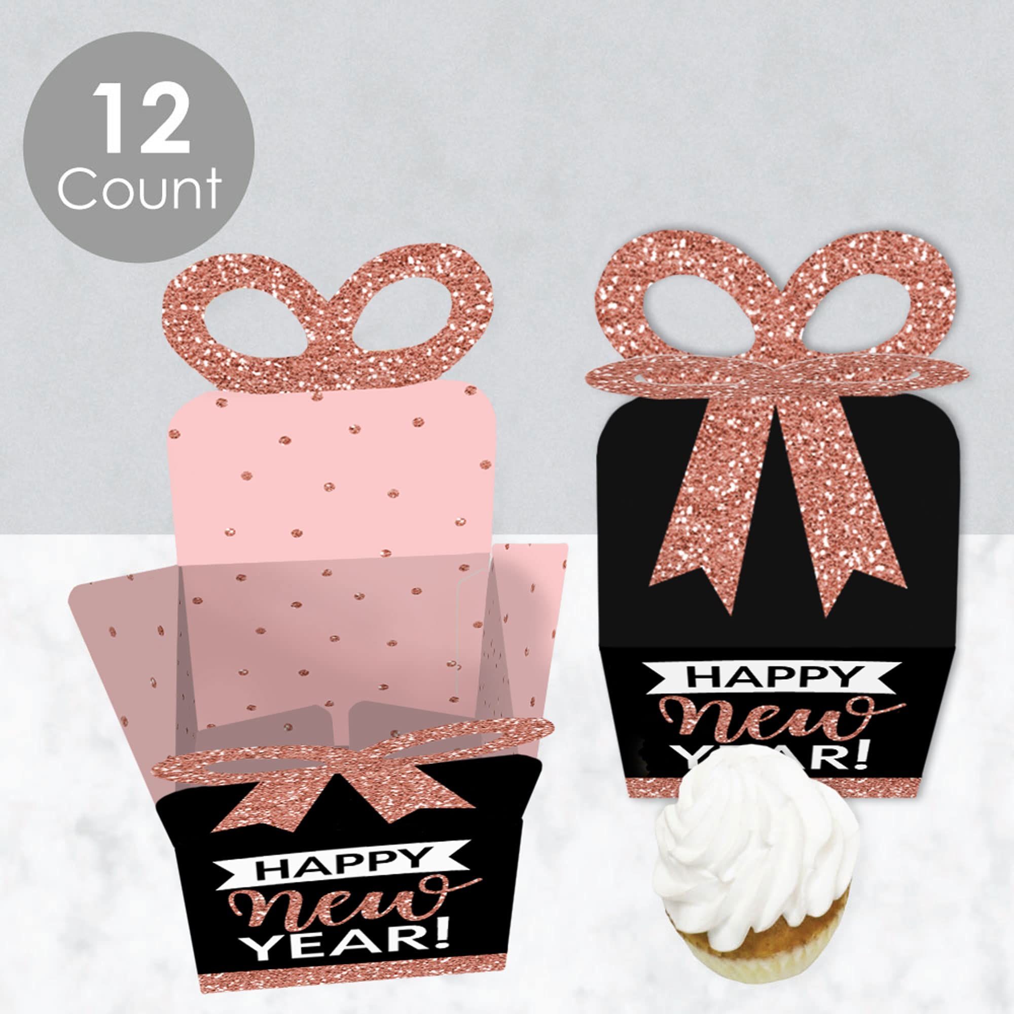 Rose Gold Happy New Year Favor Gift Boxes - Set of 12 Elegant Square Party Bow Boxes for New Year's Eve Celebrations, Wedding Favors & Special Occasions