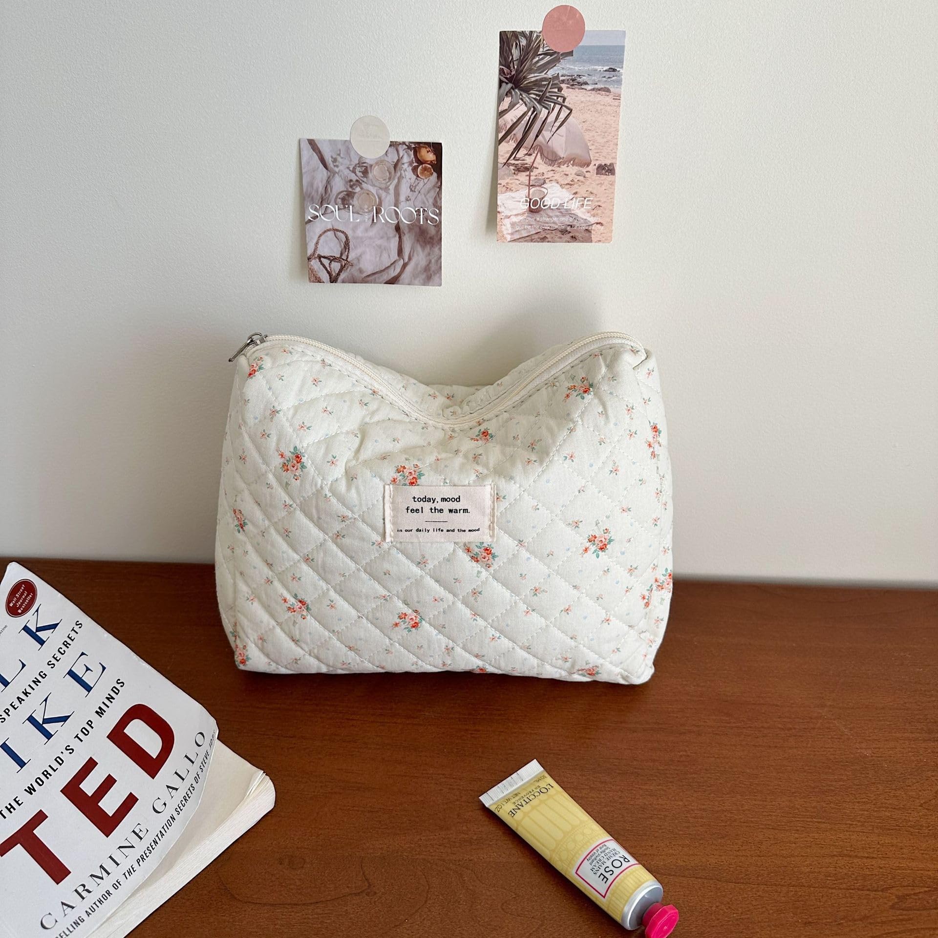 Floral Quilted Cotton Makeup Bag Set - 3 Pack Aesthetic Cosmetic Organizer for Travel, Toiletries & Daily Use (White Flower Design) | Perfect for Women's Beauty Essentials, Gym, and Weekend Getaways