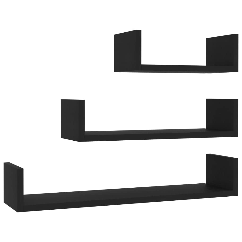 vidaXL Black Engineered Wood Wall Shelves Set of 3 - Modern U-Shaped Floating Shelves for Living Room, Bedroom & Office - Easy Mount Home Storage & Display Solution - Perfect for Books, Photos & Decor