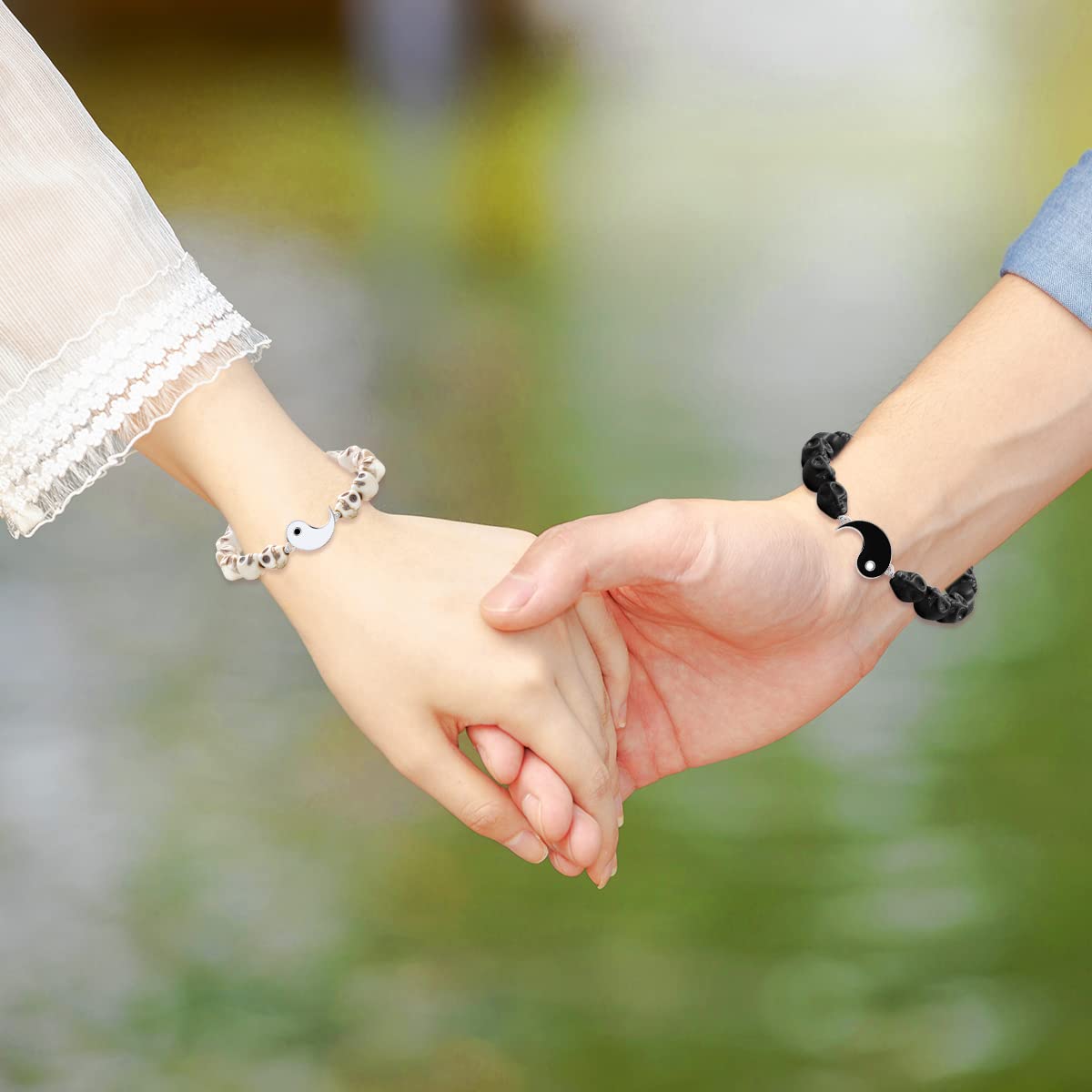 Black and White Skull Beads Yin Yang Bracelet Set for Couples - His and Her Matching Puzzle Bracelets for Men & Women Y2472 - Perfect for Anniversaries, Valentine's Day Gifts and Couple Fashion Accessories