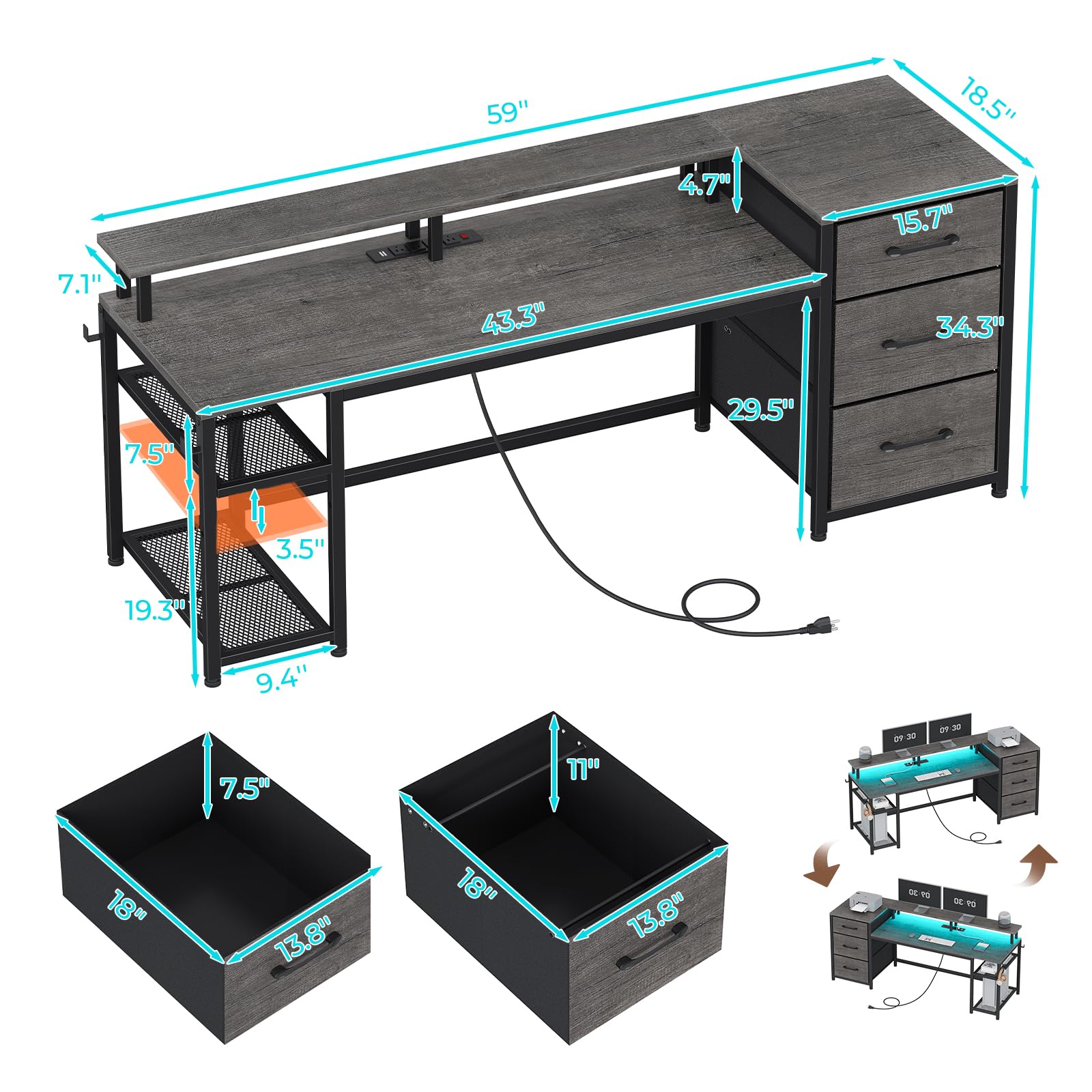 SEDETA 59 Inch Reversible L-Shaped Office Desk with LED Lights & Power Outlet - Home Office Computer Desk with Storage Drawers, File Cabinet & Printer Space - Perfect for Gaming, Work & Study (Grey)