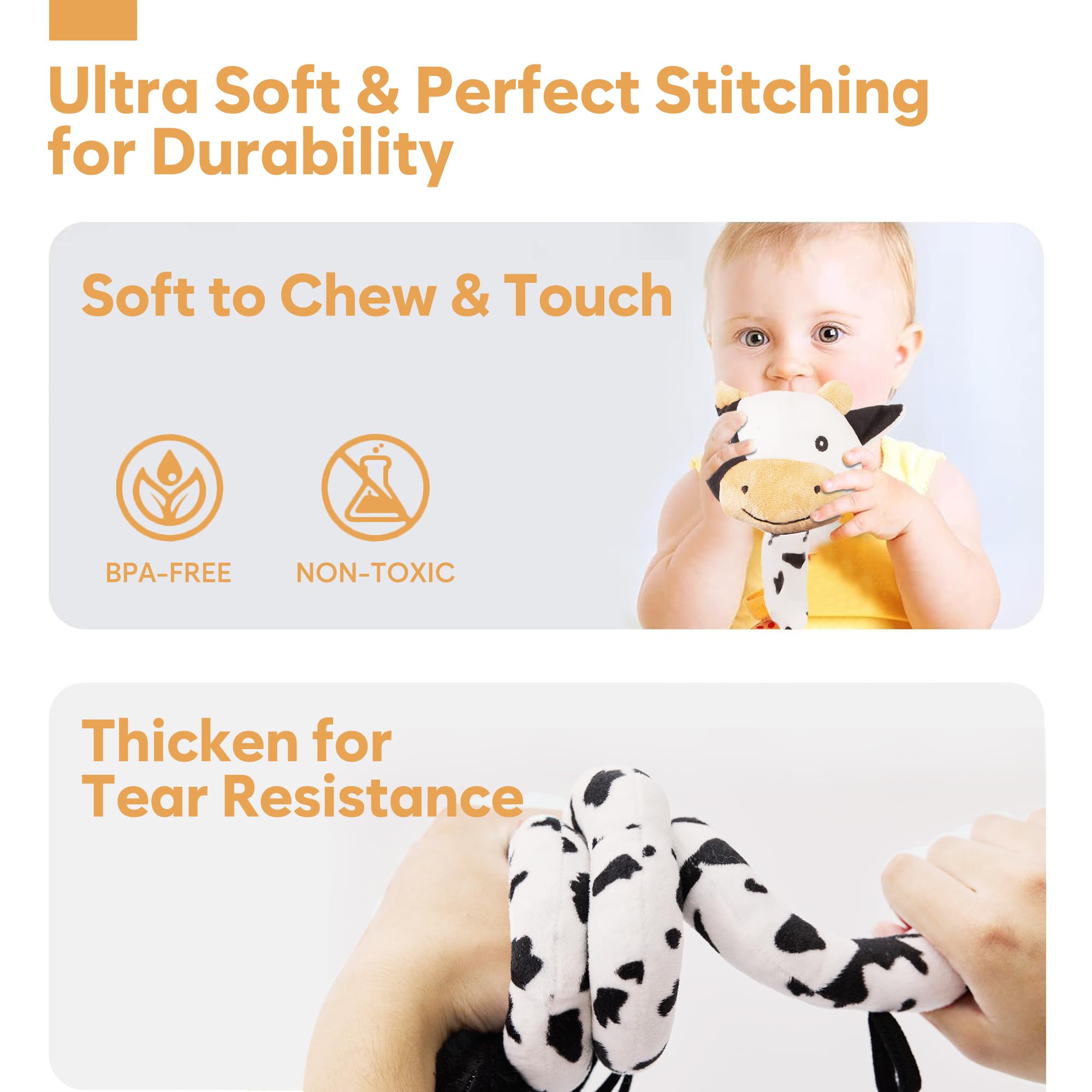 Soft Spiral Car Seat Toys for Babies 0-6 Months - Cute Cow Stroller Activity Toy with Rattles, Sun Mirror & Rainbow Cloud - Perfect Infant Car Seat Hanging Toy for Newborn Gifts | Great for Strollers, Car Rides & Playtime