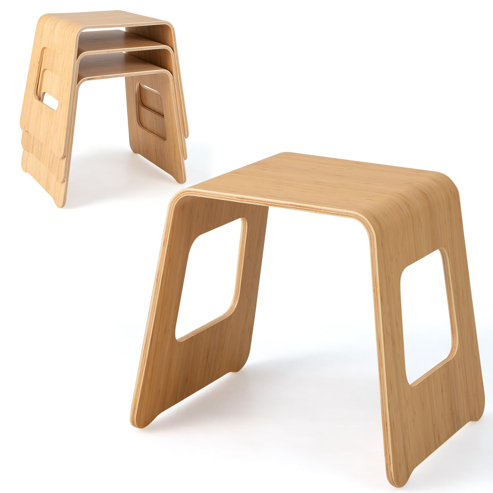 Giantex Set of 4 Bamboo Stools 18 Inch - No Assembly Vanity Stool & Shoe Changing Bench with Non-Slip Foot Pads - Wooden Stackable Chairs for Classroom, Elementary School, Dining Room & Small Spaces - Perfect for Adults, Kids & Home Decor