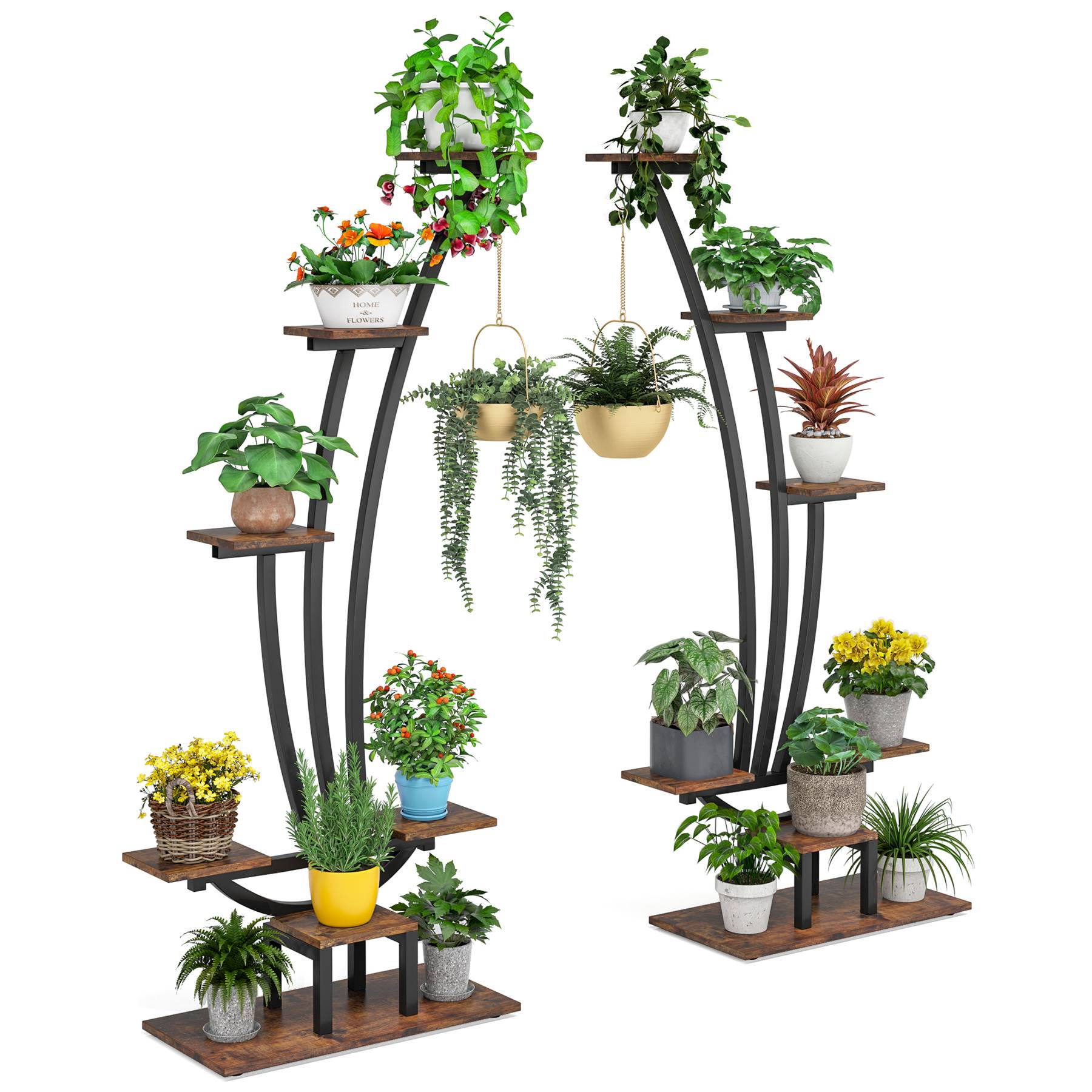 6 Tier Metal Plant Stand - Pack of 2 Curved Display Shelves with Hanging Hooks for Indoor Outdoor Garden, Balcony, Patio Decor