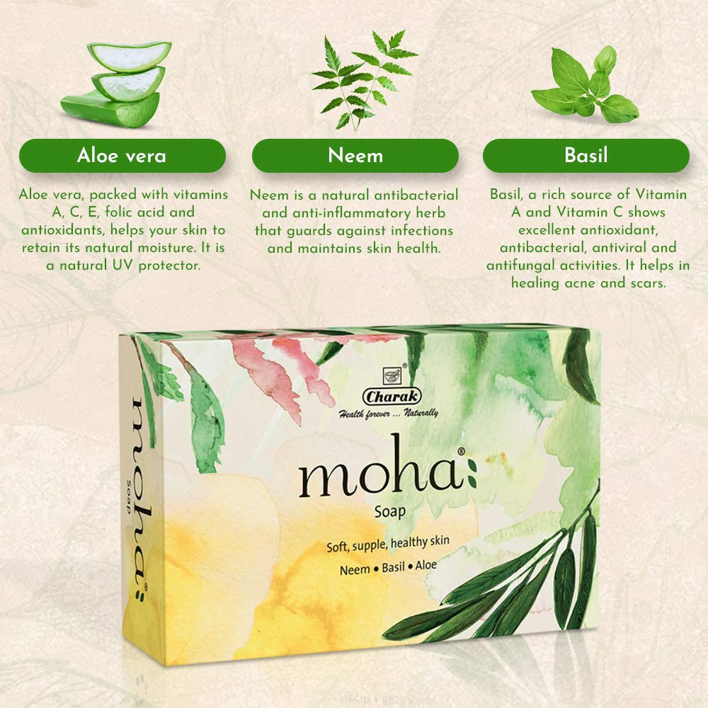 Organic Moha Herbal Soap Bar - Natural Aloe Vera, Basil & Neem Face & Body Cleanser | Gentle Unisex Bathing Bar for Sensitive Skin | 100g Each (Pack of 3) | Perfect for Daily Skincare Routine, Acne Treatment & Relaxing Bath Time