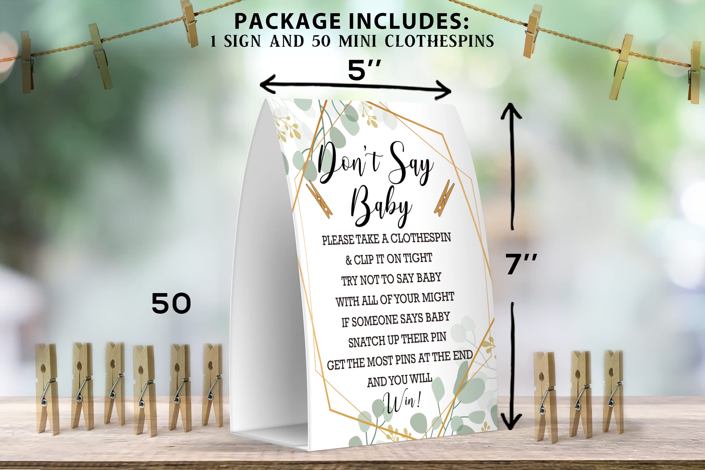 Gender Neutral Baby Shower Game Set - 5x7 Don't Say Baby Sign & 50 Mini Clothespins for Baby Shower Decorations & Party Games - Perfect for Baby Reveal Parties & Gender Neutral Celebrations