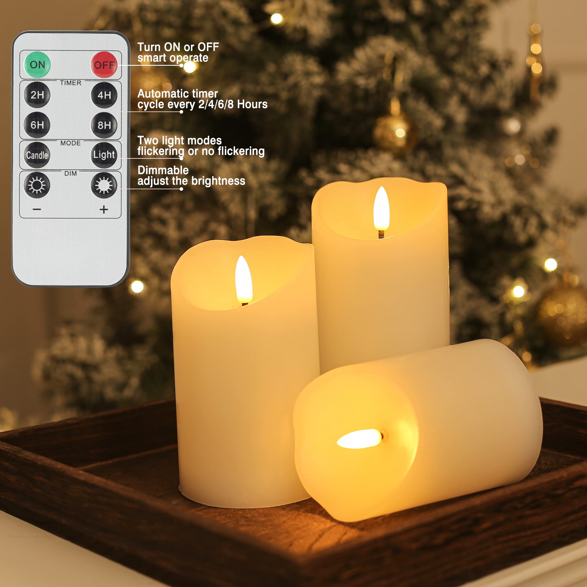 Flameless LED Candles with Remote - Battery Operated Real Wax Electric Candles with Timer & Flickering Flame Effect - Set of 3 Ivory Pillar Candles for Christmas Decor, Wedding Centerpieces, Home Party, and Romantic Ambiance