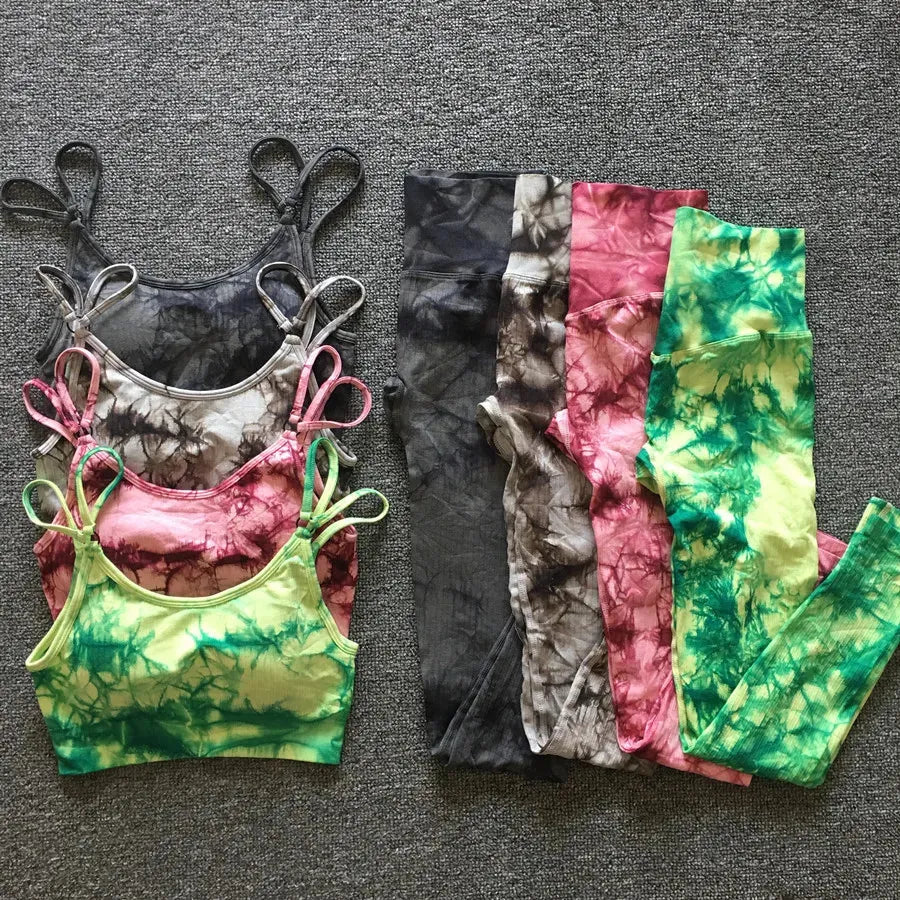 Tie Dye Yoga Bra & High Waist Leggings Set for Women - Seamless Gym Outfit with Hip Push Design - Perfect for Running, Fitness & Workout | Breathable Activewear for Yoga, Pilates & Cardio
