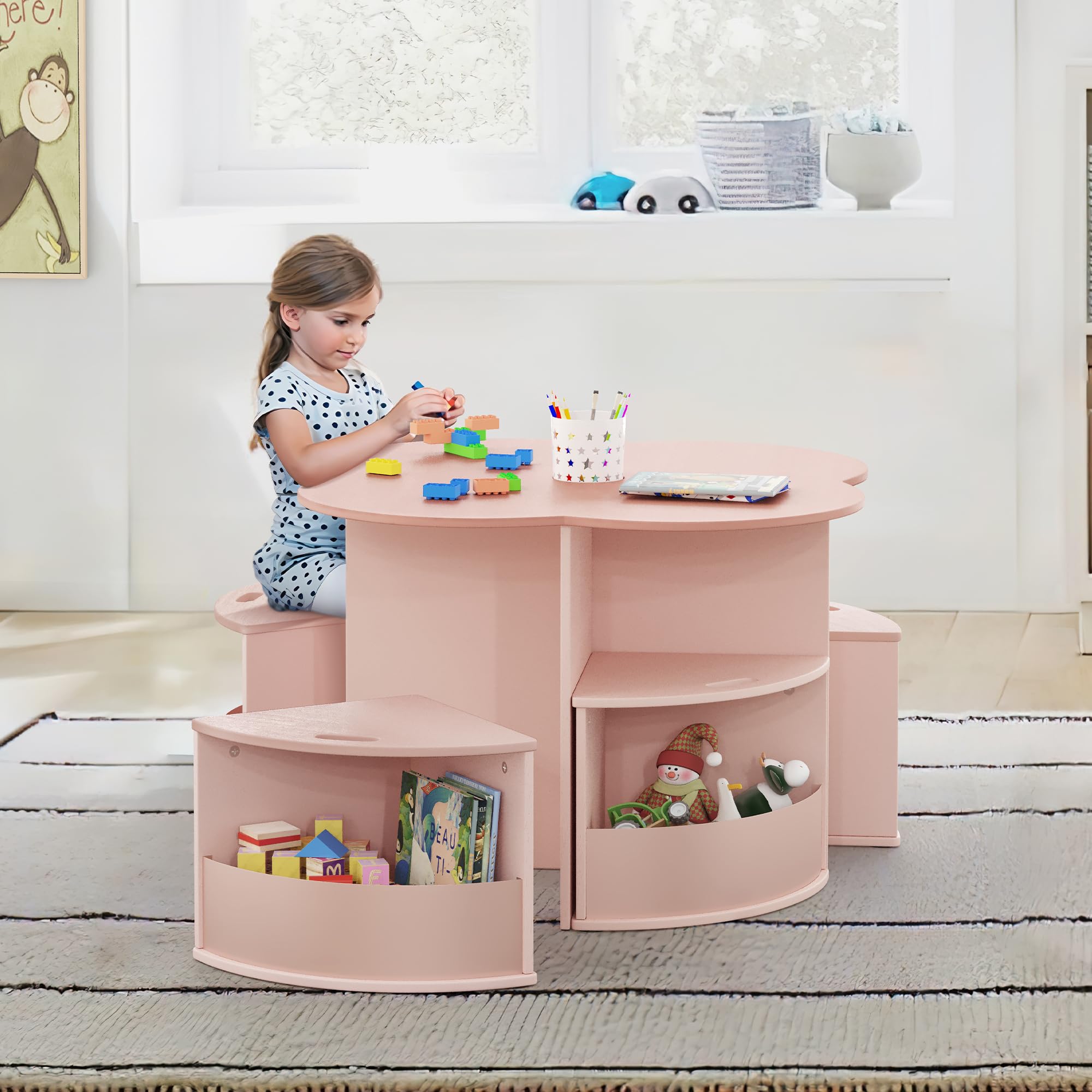 **Pink Flower-Shaped Kids Table and Chair Set with 4 Storage Stools & Built-in Pen Holder - Toddler Activity, Play, Art, Reading & Craft Table - Ideal for Playrooms, Daycares, Homeschooling & Montessori Learning**