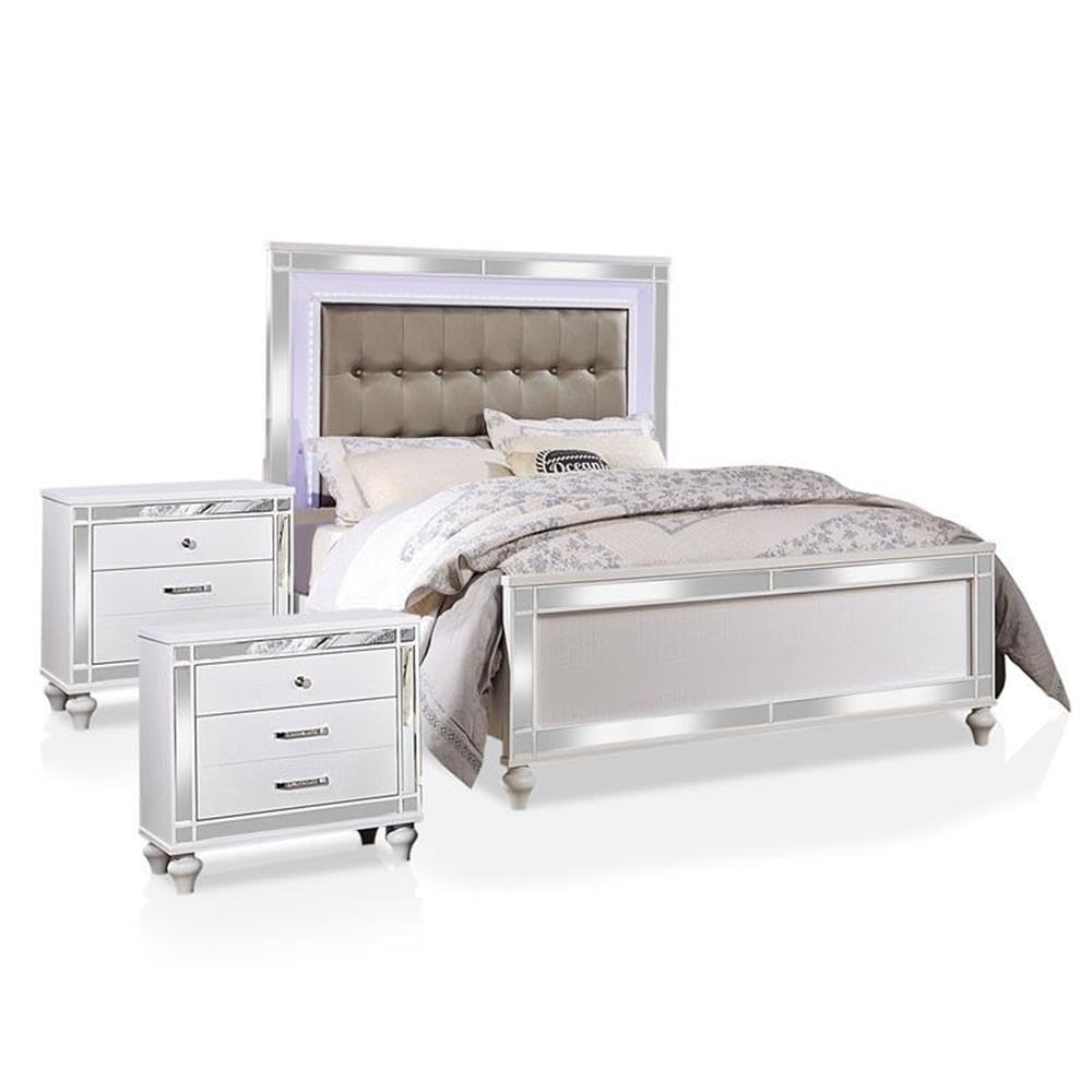FOA Xulu 3-Piece White Solid Wood LED Bedroom Set with King Bed & 2 Nightstands - Modern Bedroom Furniture for Master Suite, Guest Room & Home Decor