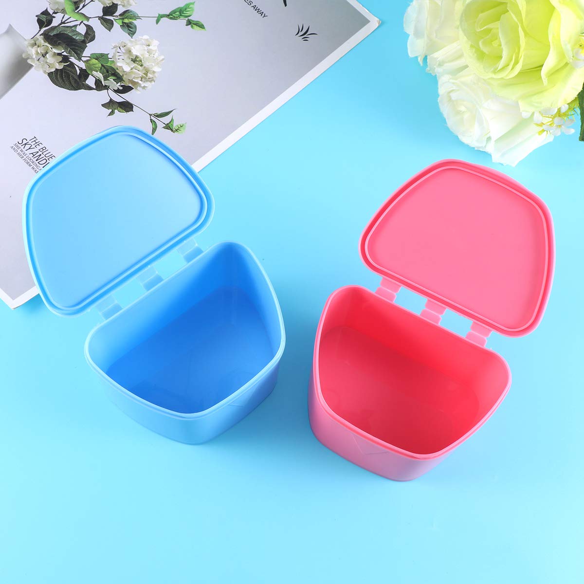 HEALLILY Portable Denture Case with Lid - Denture Storage Box for Orthodontic Retainers, Travel-Friendly (2 Pack, Blue & Pink) - Perfect for Travel, Home, and Daily Dental Care