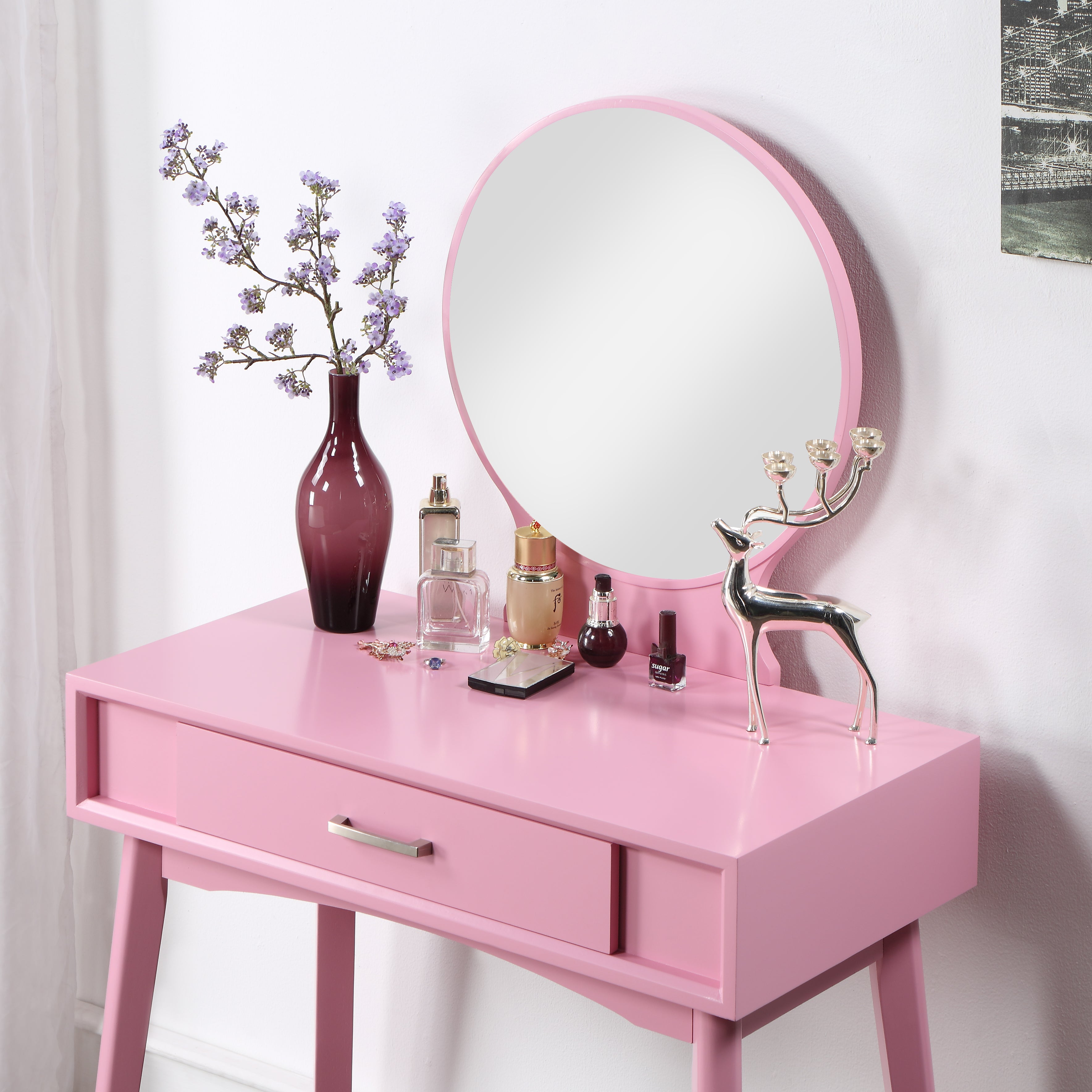 Roundhill Furniture Maly Contemporary Wood Vanity and Stool Set in Pink - Modern Dressing Table with Stool for Bedroom, Makeup Vanity Set for Women & Girls