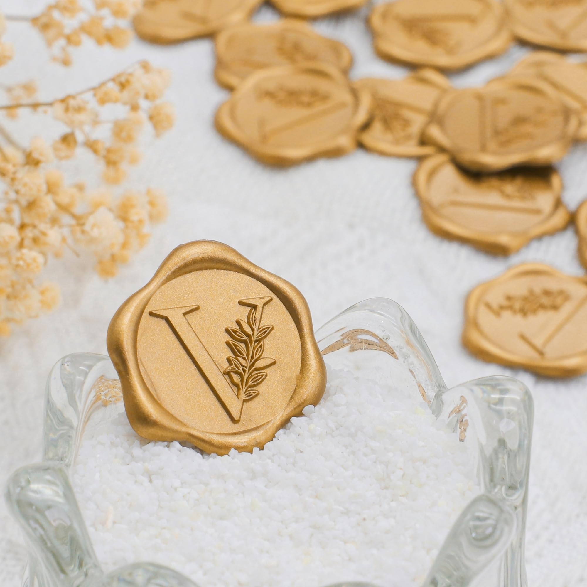 SWANGSA 50 Gold Wax Seal Stickers - Botanical Leaves Initial V for Wedding Invitations & Envelopes