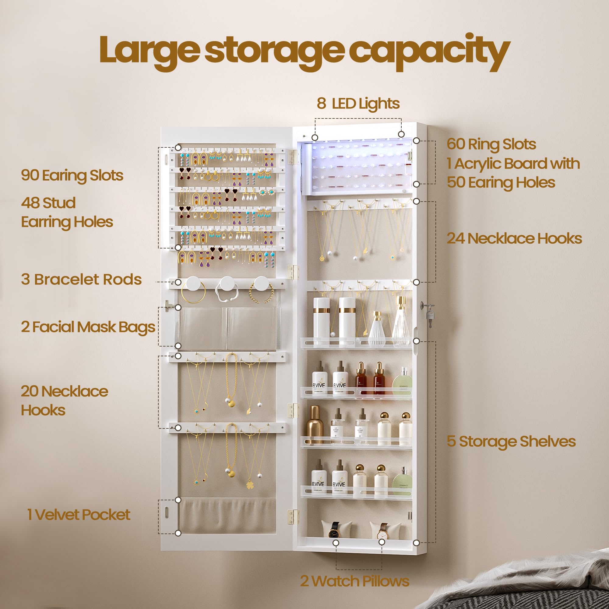 8 LED Lighted Jewelry Cabinet with Mirror - 47.2 Inch Lockable Jewelry Armoire Organizer for Wall/Door Mount, 6 Earring Shelves & 2 Makeup Pockets, White & Beige (JC12003BE) - Perfect for Bedroom, Closet, Dressing Room Organization and Gift Giving
