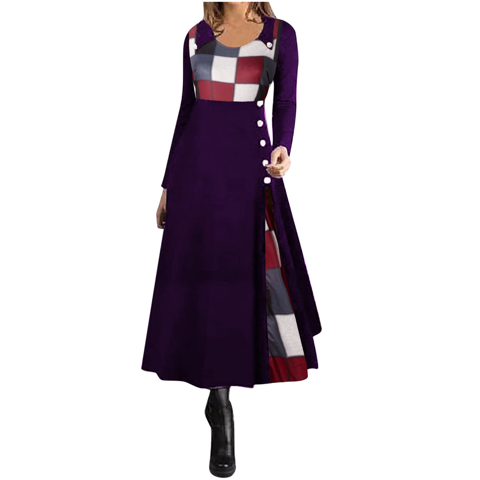 2022 Plus Size Fall Dresses for Women - Long Sleeve Color Block Button Down Flared Dress for Casual, Cocktail & Wedding Guest Occasions | Perfect for Autumn Parties, Office Wear & Holiday Gatherings