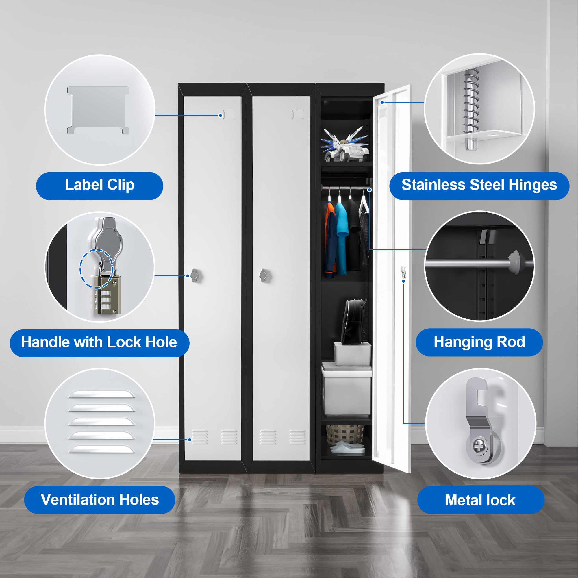 Steel Storage Locker with Lockable Door & Hanging Rod - Metal Cabinet for Clothes, School, Gym, Office & Home Use - Durable Grey & Black Employee & Kids Room Organizer - Perfect for Staff Lockers, Sports Gear & Seasonal Clothing Storage