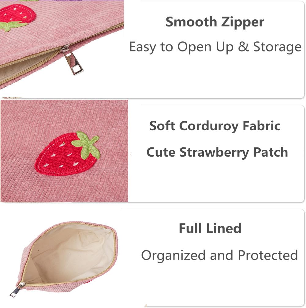Strawberry Patch Corduroy Makeup Bag Set - Large Travel Toiletry Pouch with Zipper for Women & Teen Girls (Pink) | Cute Cosmetic Organizer for Travel, Gym, School & Daily Use