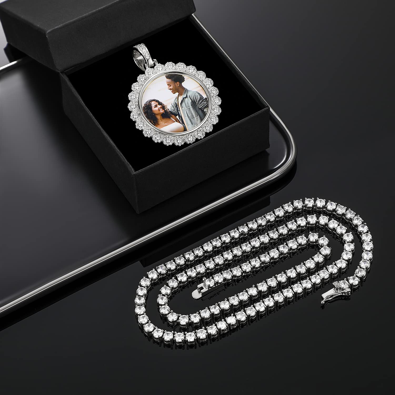 Custom 925 Sterling Silver Sunflower Necklace with Photo - Personalized Engraved Picture Pendant for Women - Hip Hop Jewelry Gift for Her - Birthday, Anniversary, Valentine's Day Present - Comes with Gift Box
