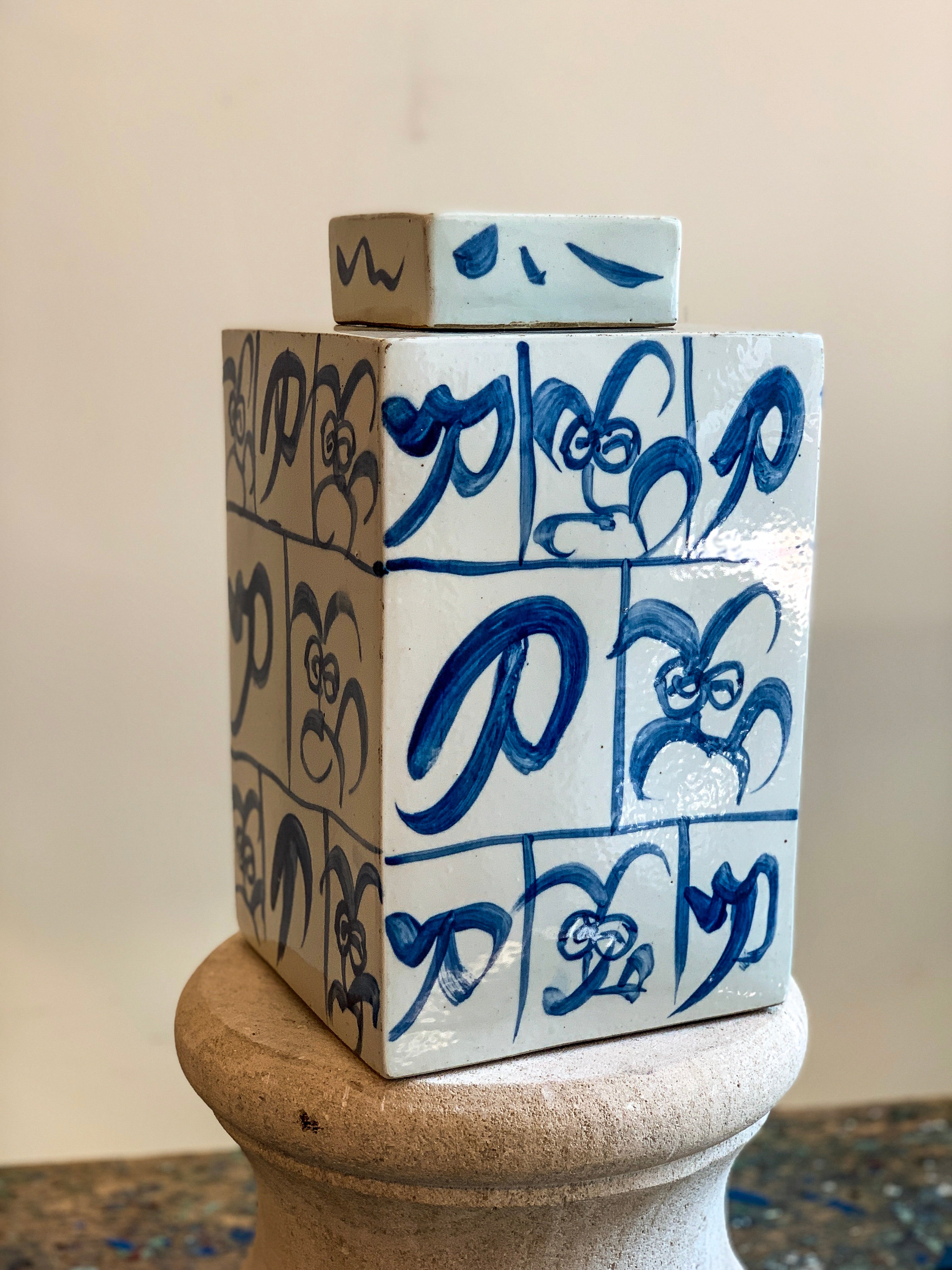 Modern Square Blue & White Ceramic Lidded Jar - Handmade Decorative Storage Container for Kitchen, Bathroom & Office | Perfect for Organizing Spices, Cotton Balls or Desk Supplies
