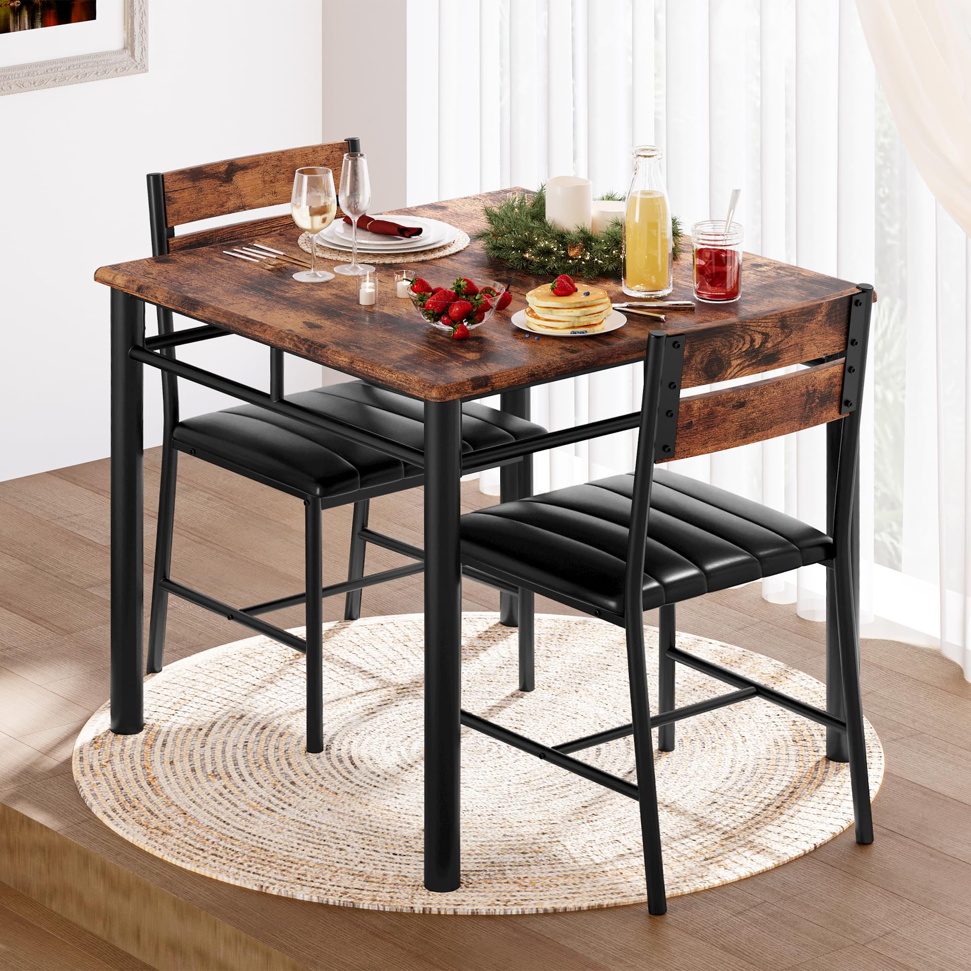 IRONCK 2-Person Dining Table Set with Upholstered Chairs - Compact Kitchen Table for Small Spaces in Rustic Brown | Perfect for Apartments, Breakfast Nooks & Cozy Dining Areas