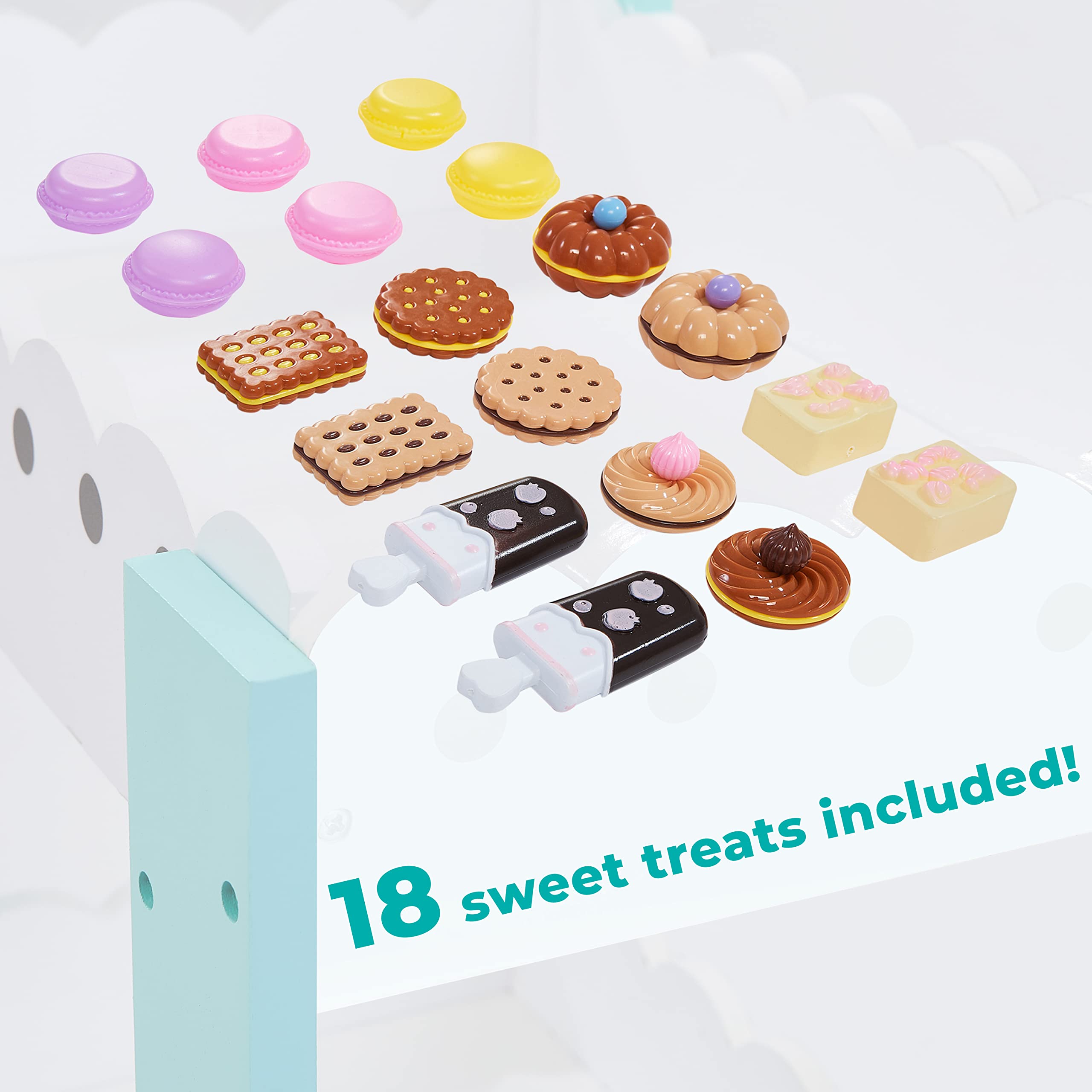 Teamson Kids My Dream Bakery Shop - Interactive Wooden Play Kitchen Set with 18 Pretend Baked Goods, Rolling Pastry Cart & Dessert Stand - White & Mint Green with Gray Polka Dots - Perfect for Pretend Play, Role Playing & Early Childhood Development