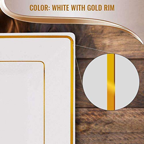 Elegant White Gold-Rimmed Square Edge Disposable Plastic Dinner Plates - 9.5 Inch (10-Pack) for Wedding, Party, Birthday, Anniversary & Holiday Celebrations - Premium Disposable Tableware for Catering, Events & Home Use