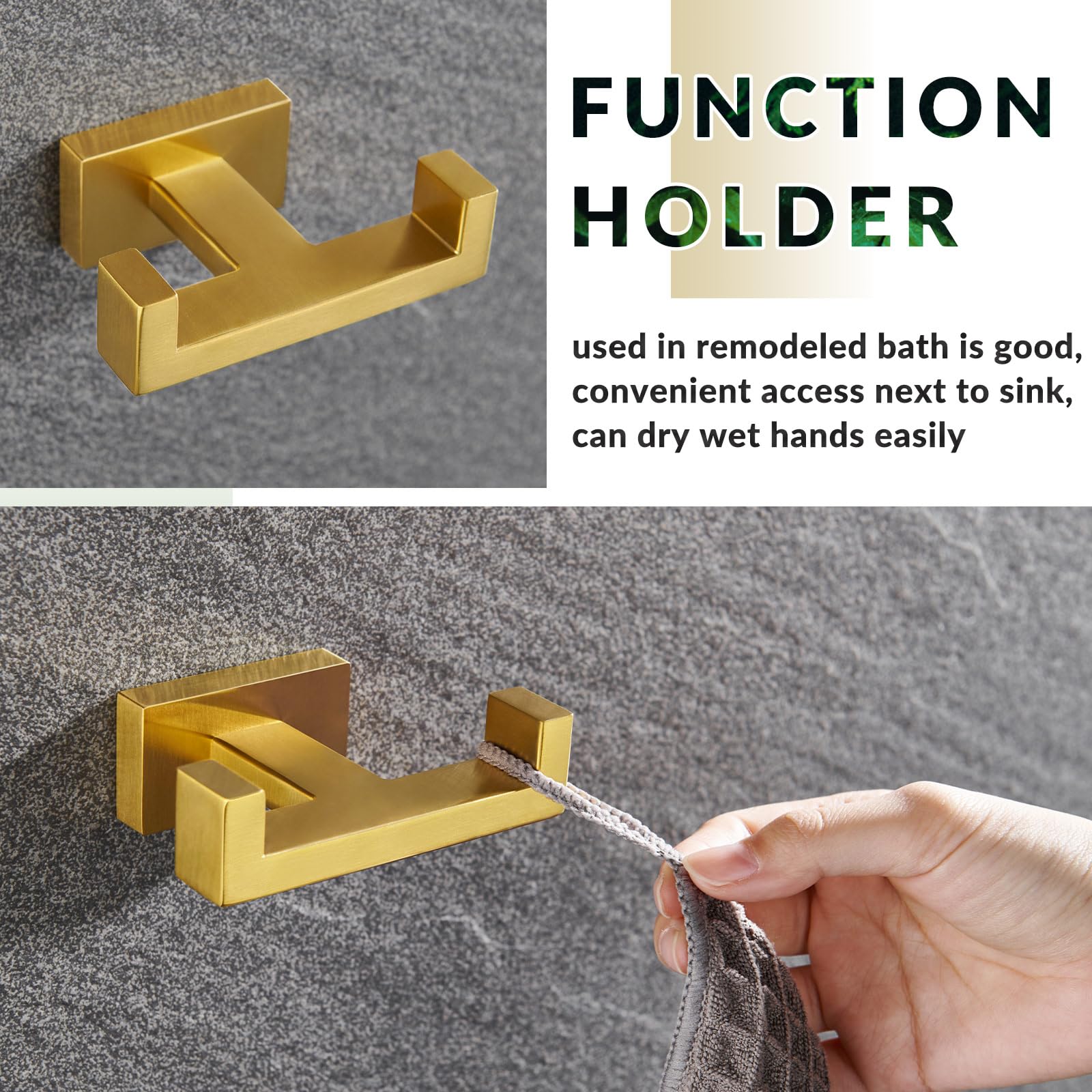 APLusee Brushed Gold Double Robe Hook - 304 Stainless Steel Bathroom Towel Holder & Wall Hanger for Kitchen, Toilet, Cabinet - Perfect for Hanging Robes, Towels and Clothes in Bathrooms & Kitchens