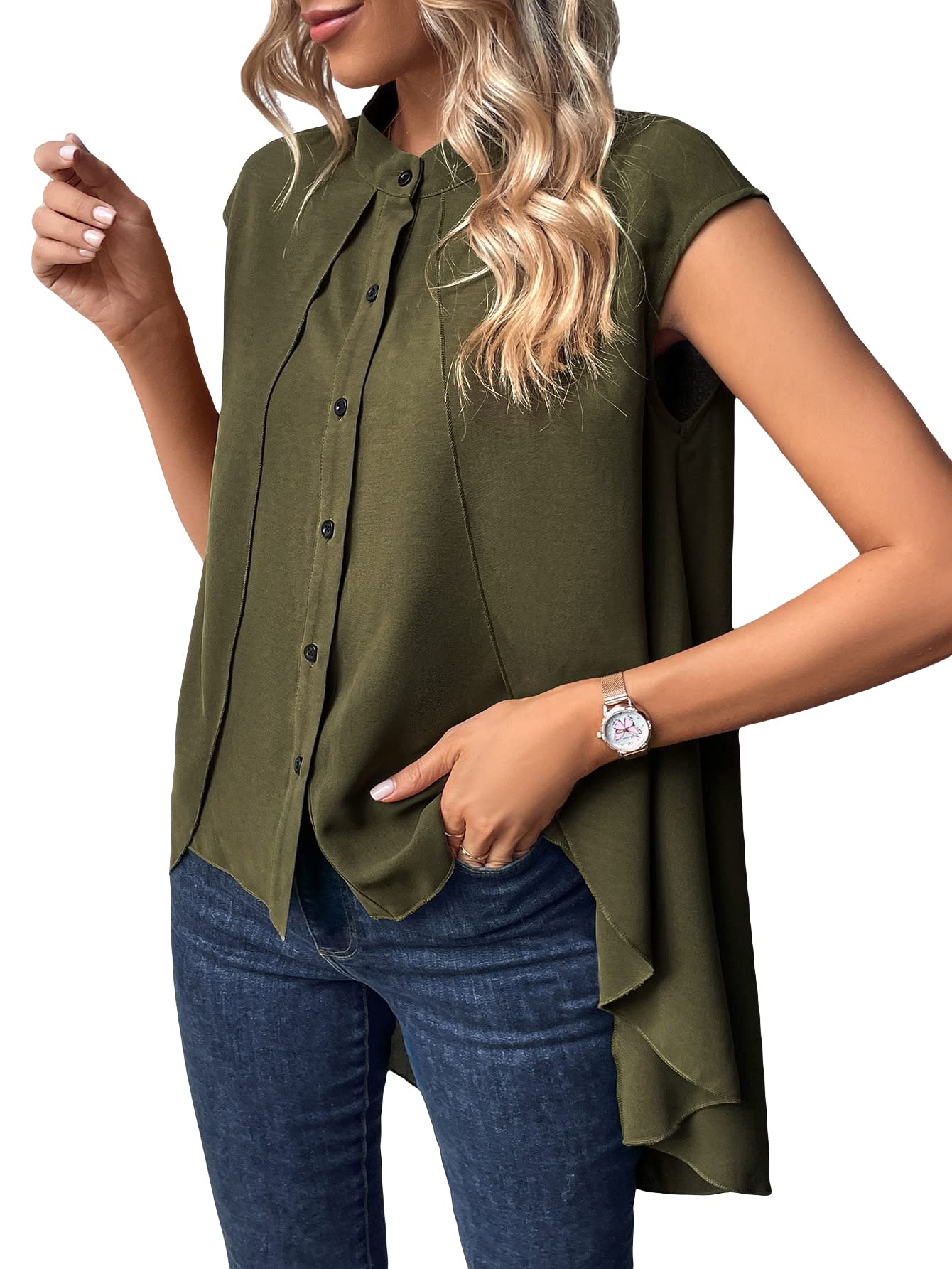 OYOANGLE Women's Button Down Blouse with Cap Sleeves & Stand Collar - High Low Hem Longline Shirt for Work & Casual Wear | Office Outfits, Business Meetings, Date Nights
