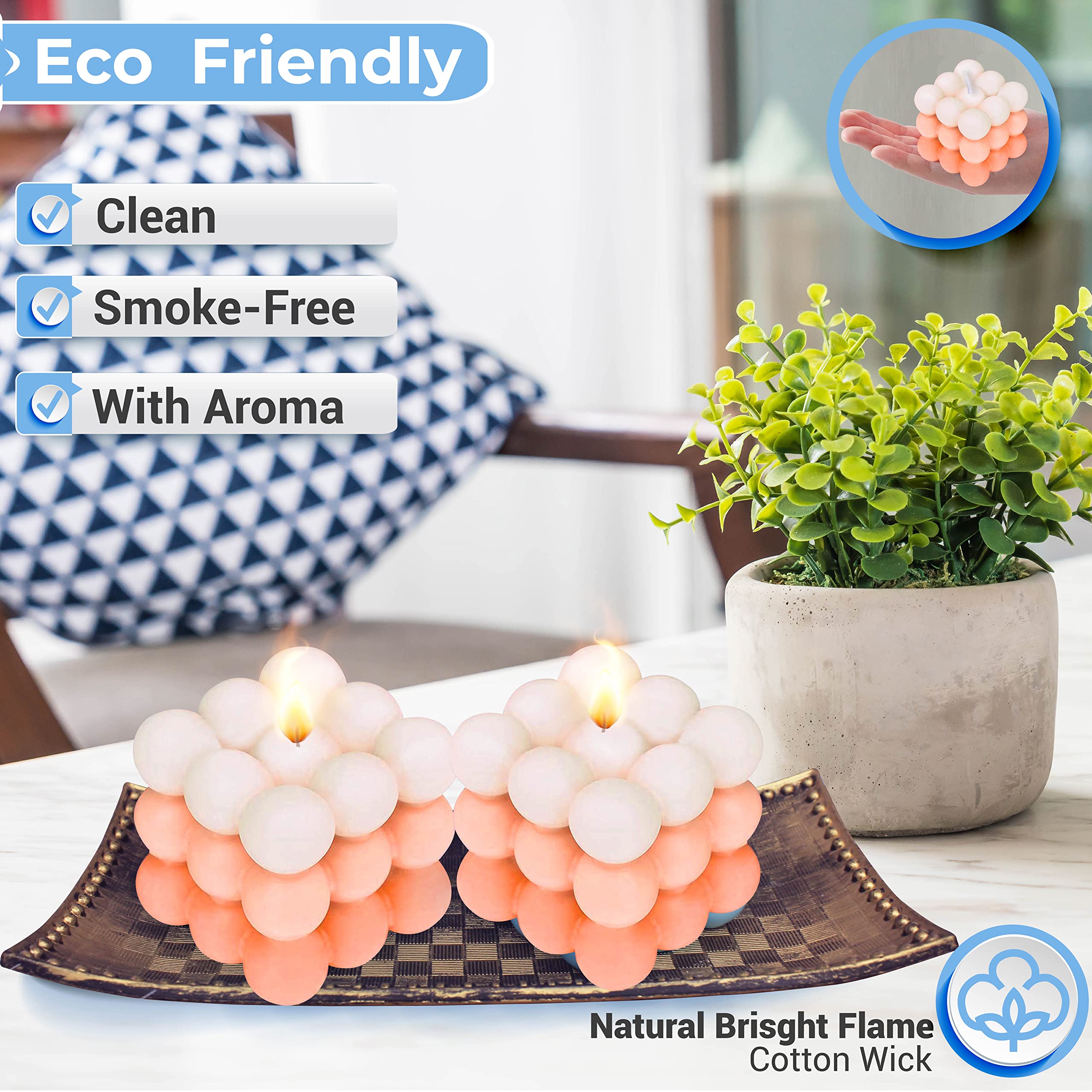 2 Pack Handmade Gradient Light Orange Bubble Soy Candles - Aesthetic Cube Candles for Home Decor, Bedroom, Bathroom & Relaxation | Perfect for Romantic Dinners, Spa Nights & Cozy Ambiance